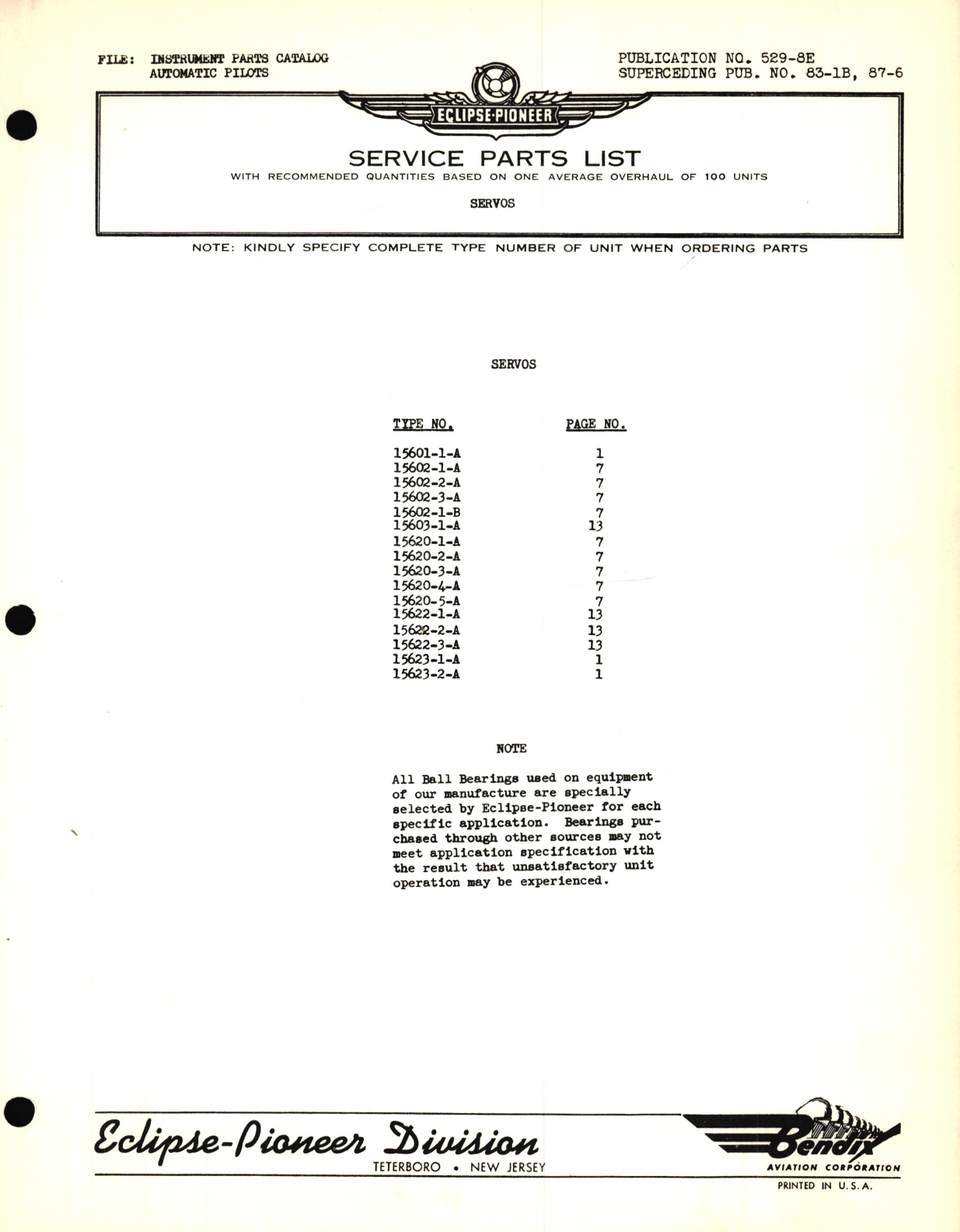 Sample page 1 from AirCorps Library document: Eclipse-Pioneer Service Parts List for Instrument Parts Catalog Automatic Pilots - Servos Type No. 15601, 15602, 15603, 15620, 15622, 15623