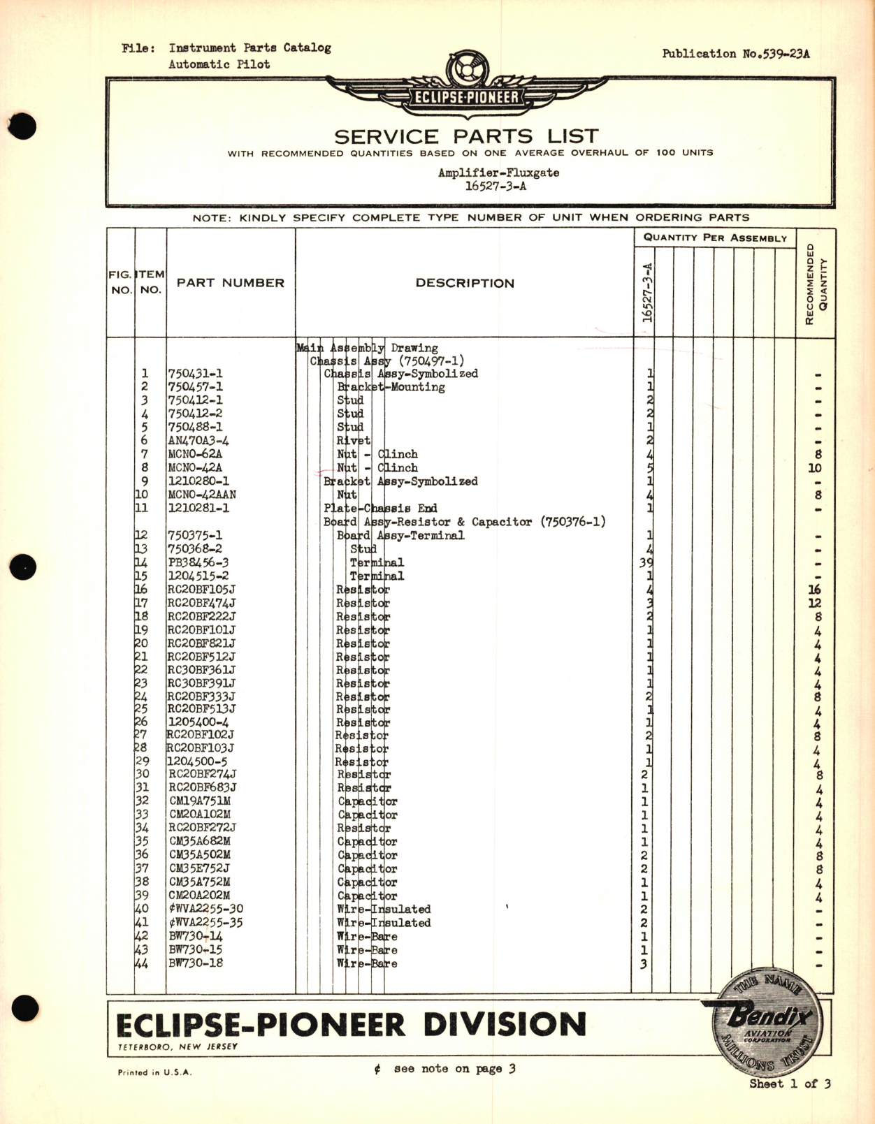 Sample page 1 from AirCorps Library document: Eclipse-Pioneer Service Parts List for Instrument Parts Catalog Automatic Pilot - Amplifier - Fluxgate 16527-3-A