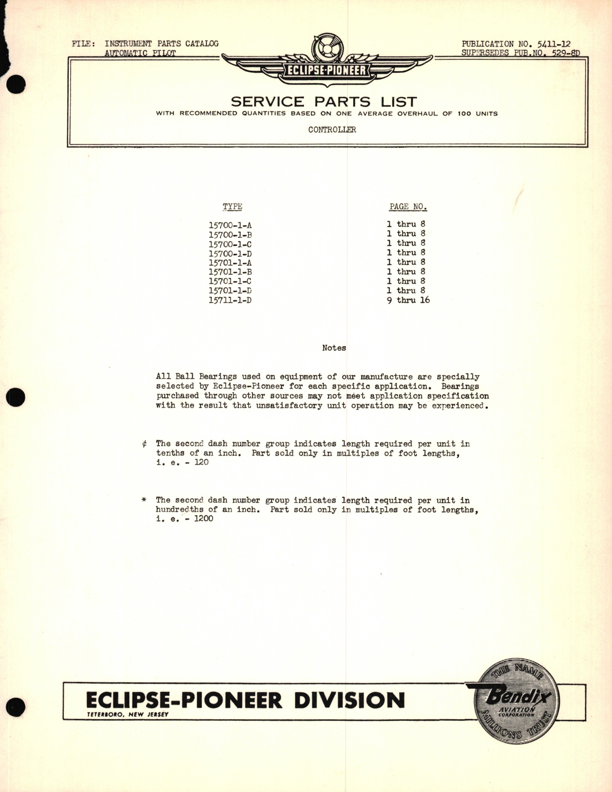 Sample page 1 from AirCorps Library document: Eclipse-Pioneer Service Parts List for Instrument Parts Catalog Automatic Pilot -Controller Types 15700, 15701, and 15711