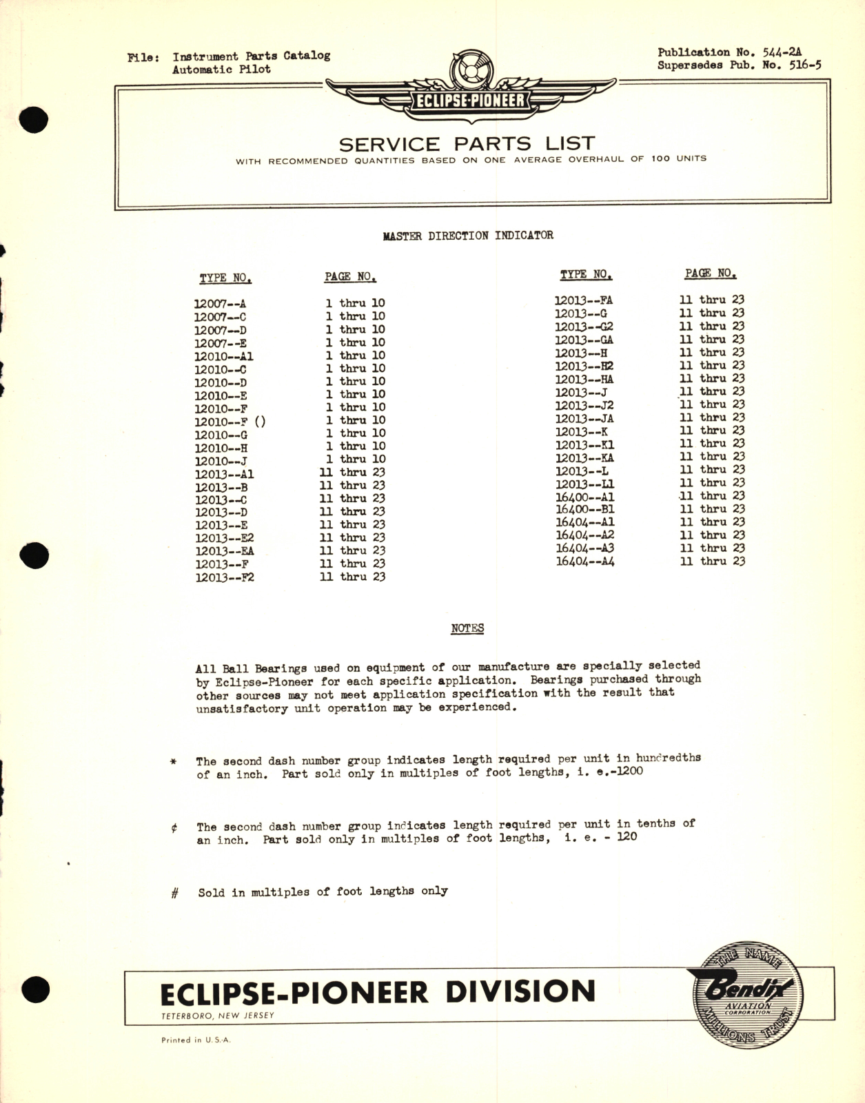 Sample page 1 from AirCorps Library document: Eclipse-Pioneer Service Parts List for Instrument Parts Catalog Automatic Pilot Master Direction Indicator Type No. 12007, 12010, 12013, 16400, 16404