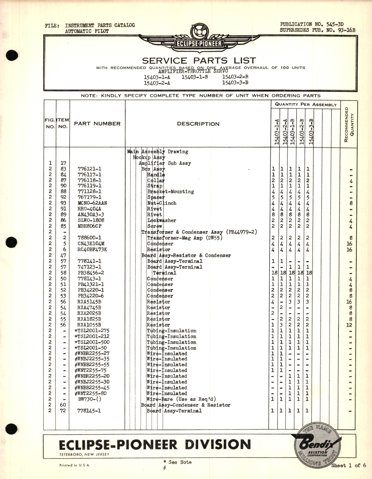 Sample page 1 from AirCorps Library document: Eclipse-Pioneer Service Parts List for Instrument Parts Catalog Automatic Pilot - Amplifier-Throttle Servo Type 15403