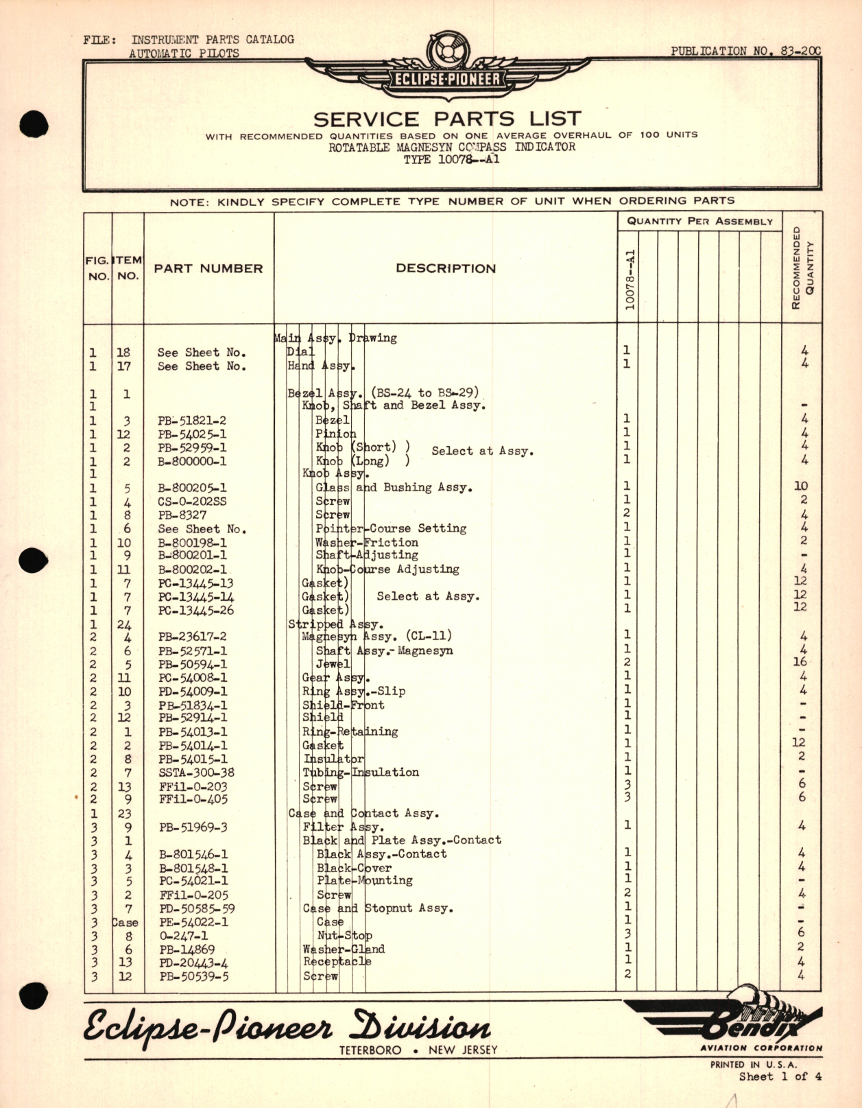 Sample page 1 from AirCorps Library document: Eclipse-Pioneer Service Parts List for Rotatable Magnesyn Compass Indicator Type 10078-A1