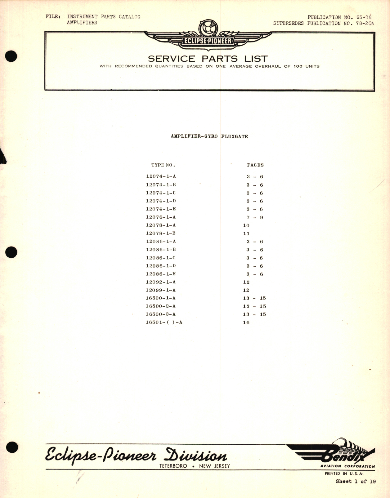 Sample page 1 from AirCorps Library document: Eclipse-Pioneer Service Parts List for Instrument Parts Catalog Amplifier - Gyro Fluxgate Type No. 12074, 12076, 12078, 12086, 12092, 12099, 16500, 16501