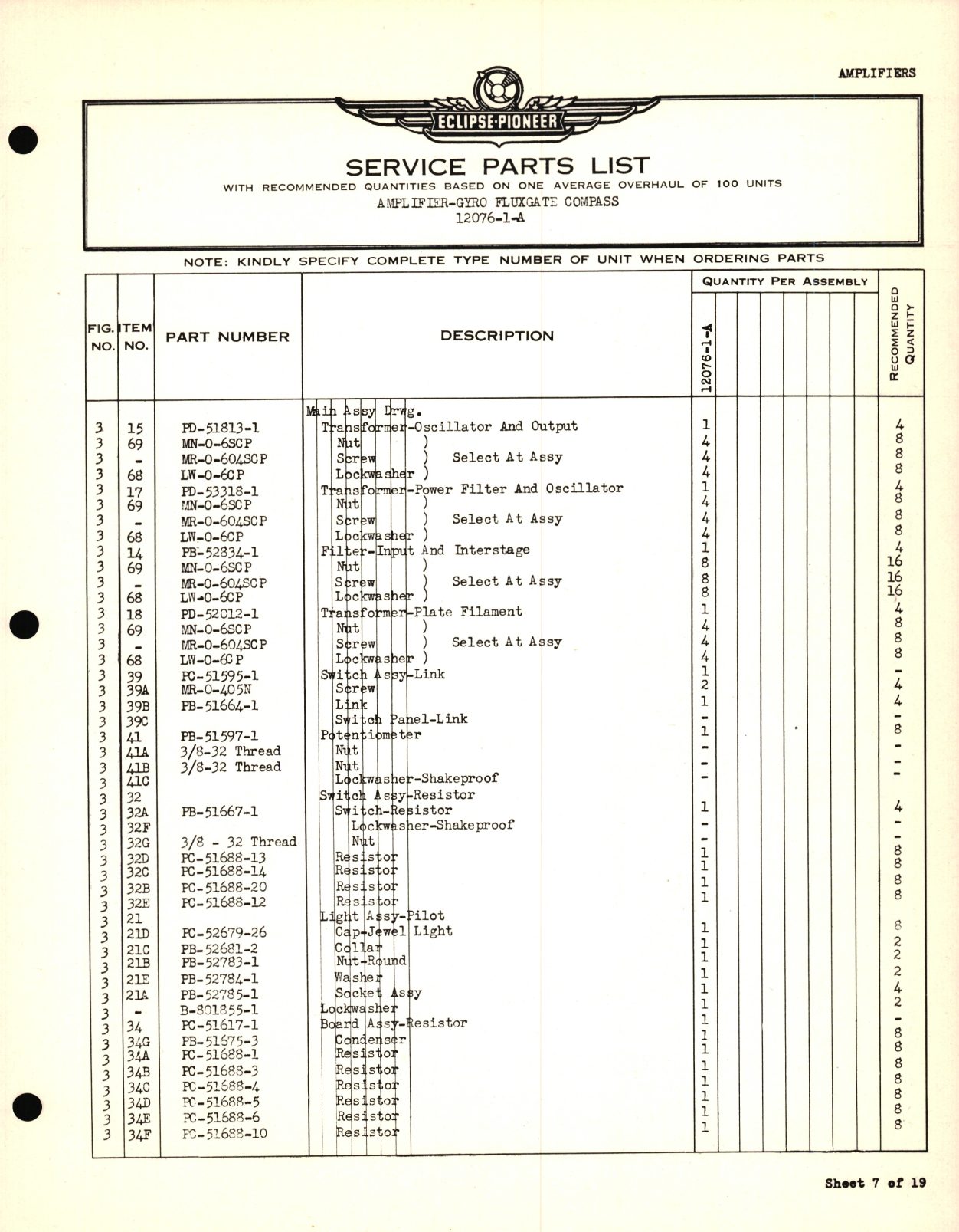 Sample page 7 from AirCorps Library document: Eclipse-Pioneer Service Parts List for Instrument Parts Catalog Amplifier - Gyro Fluxgate Type No. 12074, 12076, 12078, 12086, 12092, 12099, 16500, 16501