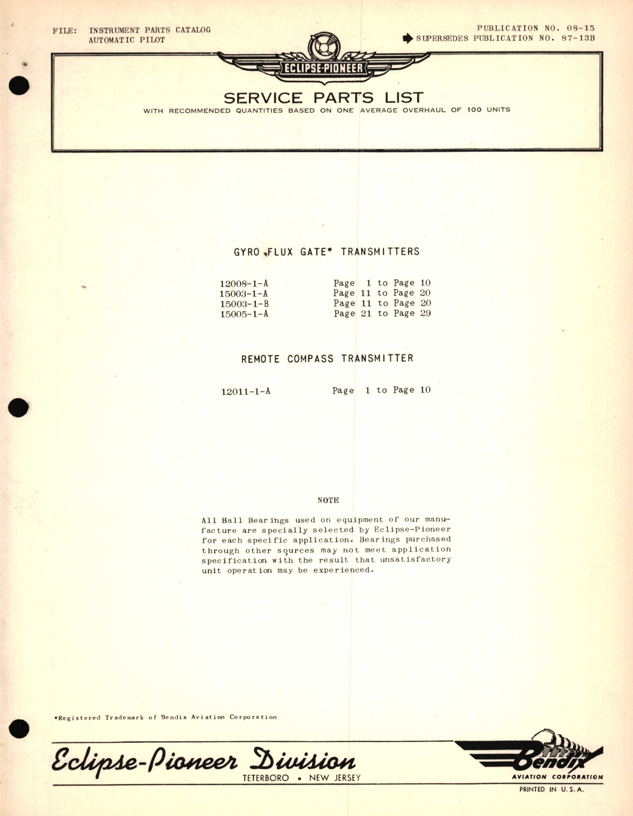 Sample page 1 from AirCorps Library document: Eclipse-Pioneer, Service Parts List for Instrument Parts Catalog Automatic Pilot