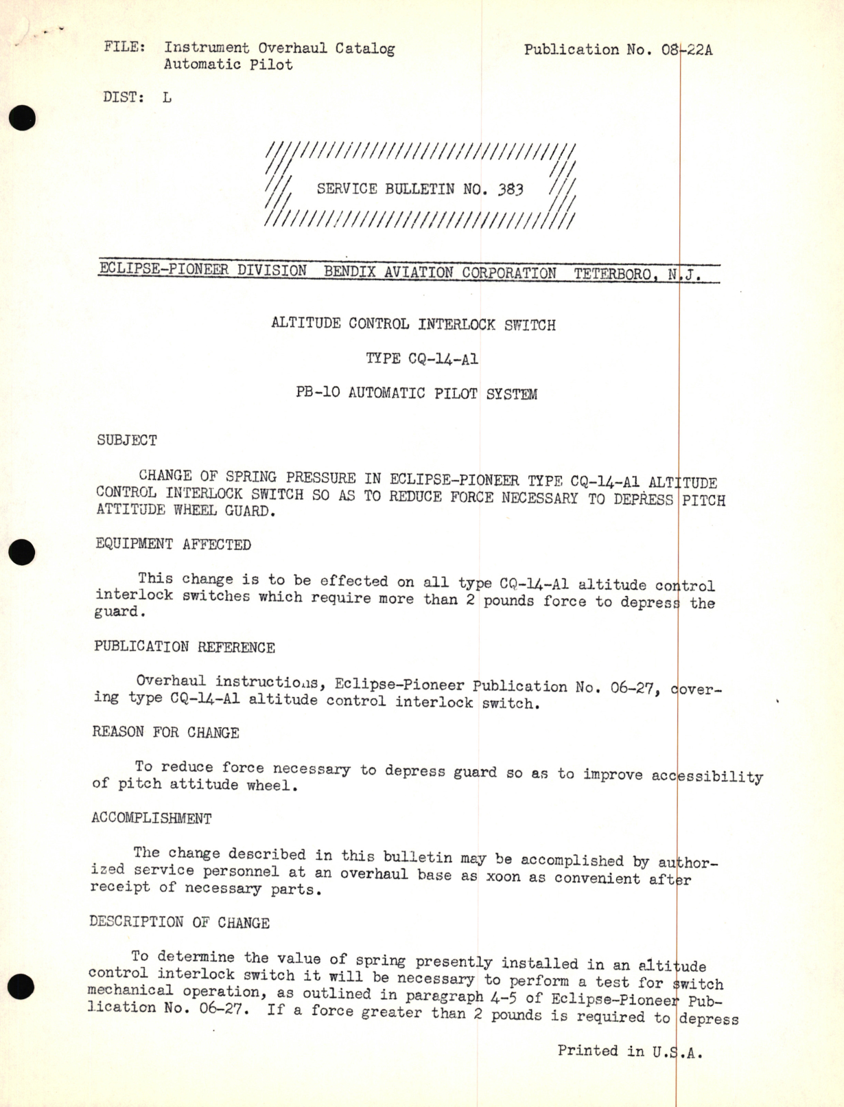 Sample page 1 from AirCorps Library document: Instrument Overhaul Catalog Automatic Pilot for Altitude Control Interlock Switch Type CS-14-A1, PB-10 Automatic Pilot System