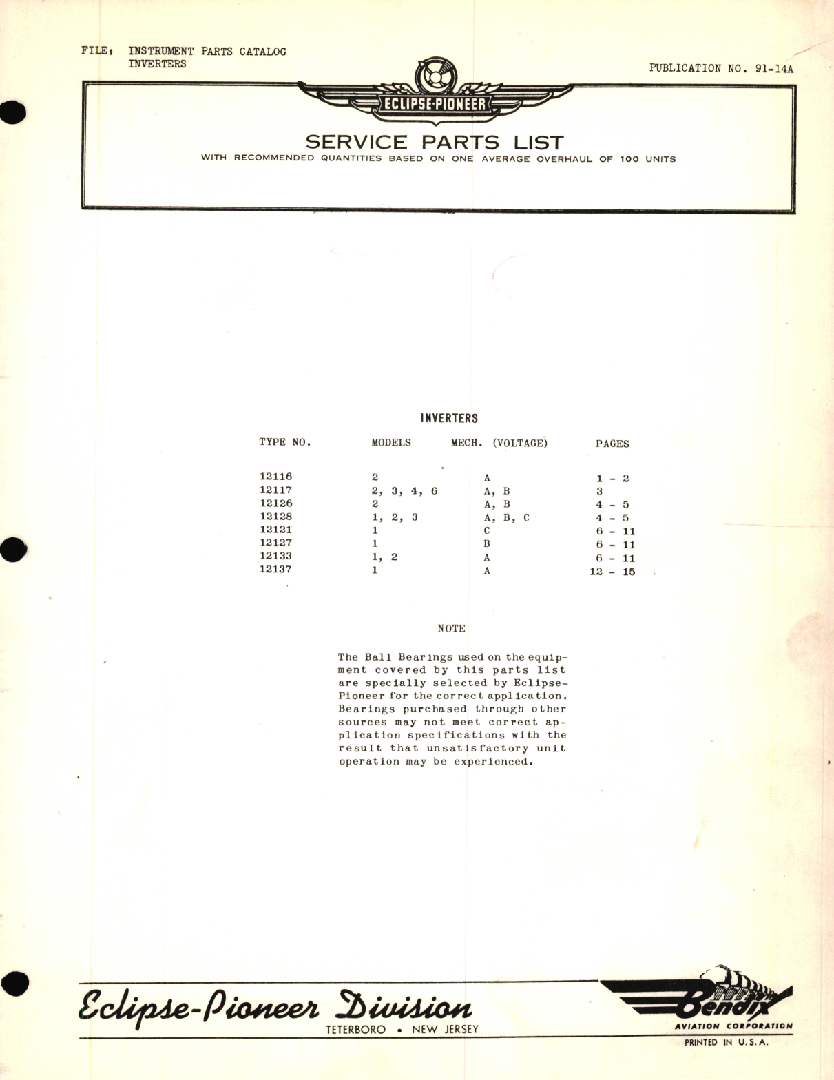 Sample page 1 from AirCorps Library document: Eclipse-Pioneer Service Parts List for Instrument Parts Catalog Inverters