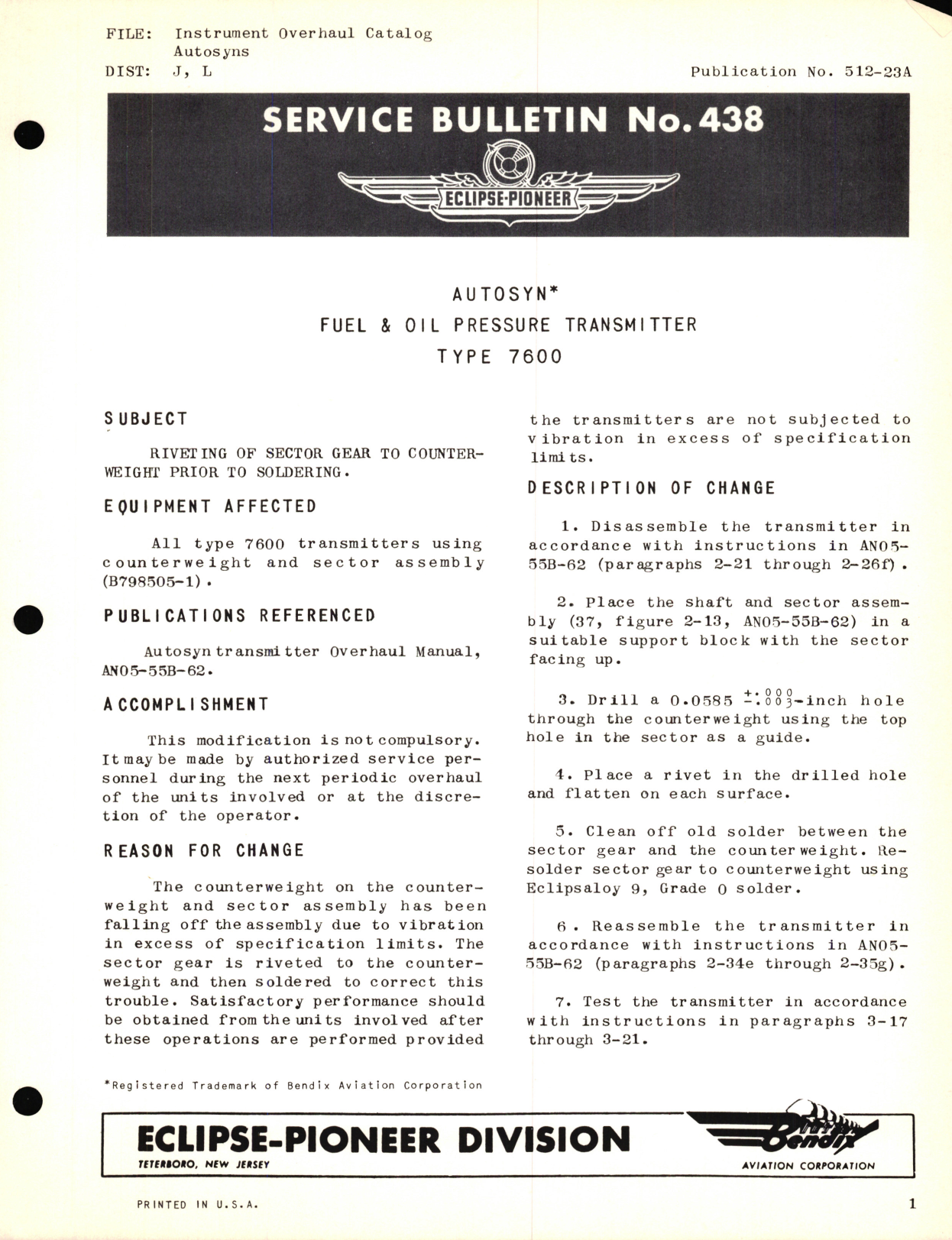 Sample page 1 from AirCorps Library document: Instrument Overhaul Catalog Autosyn Fuel & Oil Pressure Transmitter Type 7600 