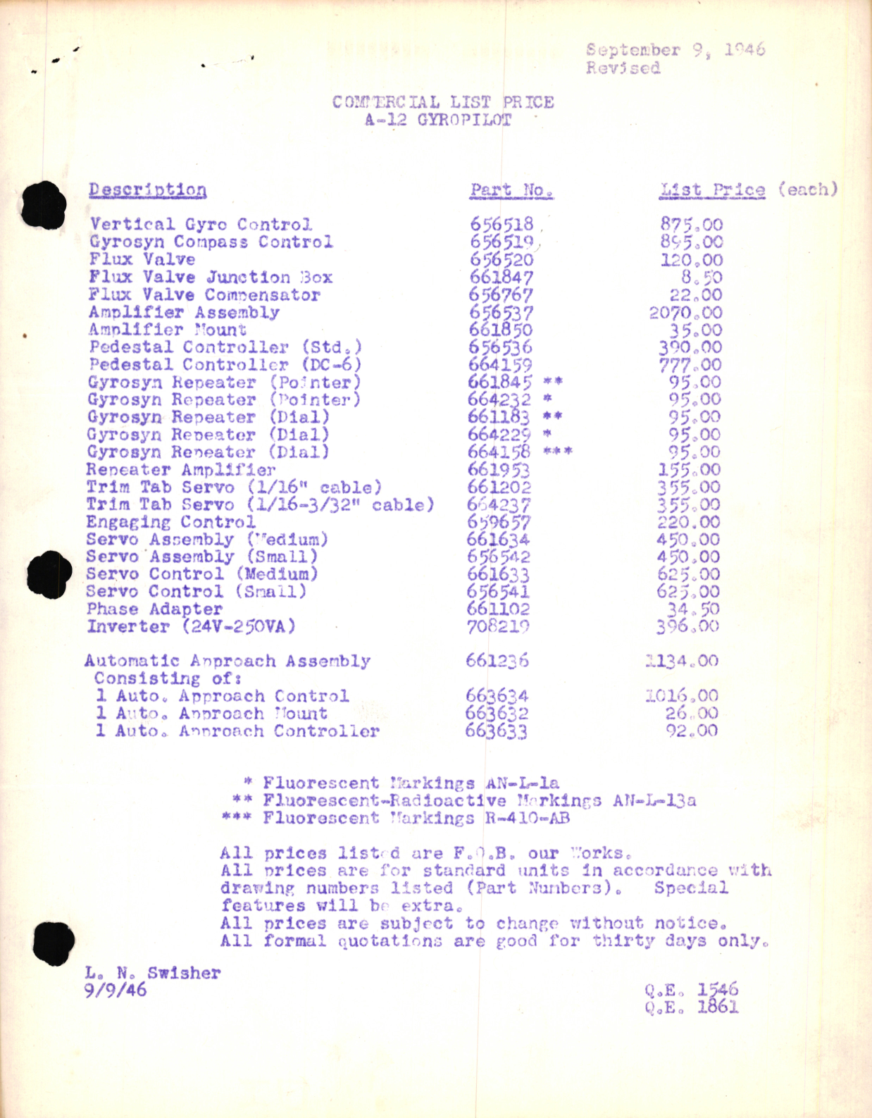 Sample page 1 from AirCorps Library document: Commercial List Price - A-12 Gyropilot