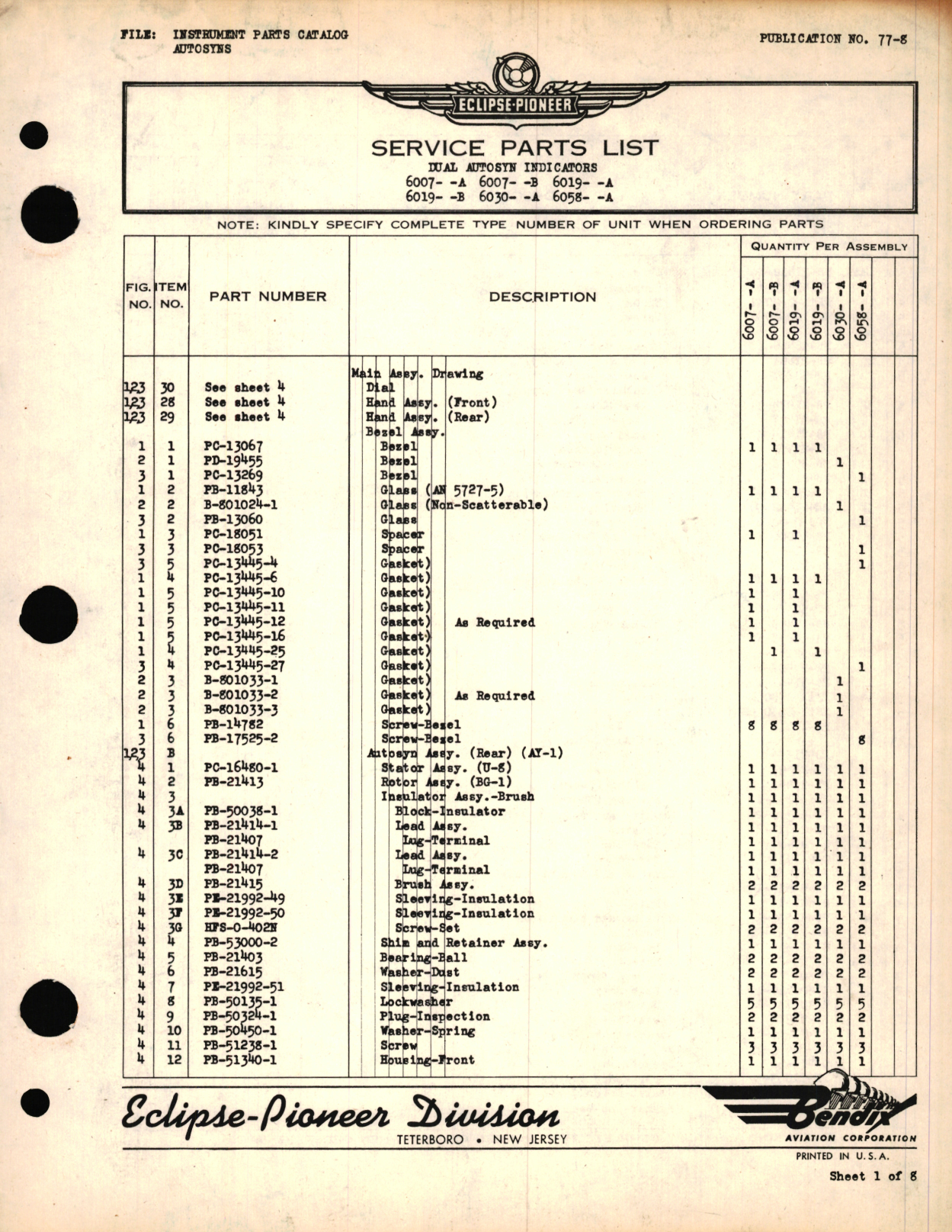 Sample page 1 from AirCorps Library document: Eclipse-Pioneer Service Parts List for Dual AutoSyn Indicators 6007-A, 6007-B, 6019-A, 6019-B, 6030-A, 6058-A