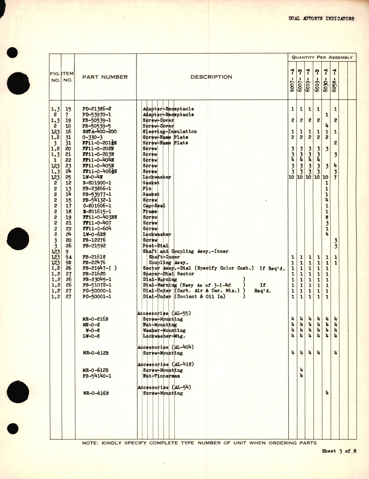 Sample page 3 from AirCorps Library document: Eclipse-Pioneer Service Parts List for Dual AutoSyn Indicators 6007-A, 6007-B, 6019-A, 6019-B, 6030-A, 6058-A