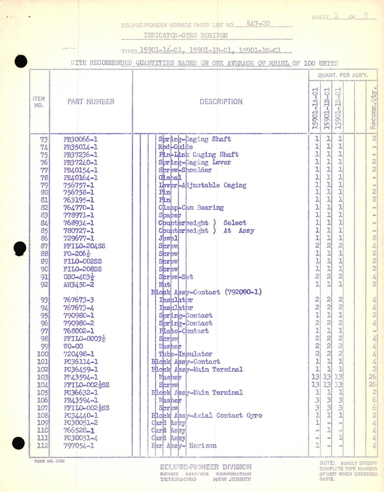 Sample page 3 from AirCorps Library document: Eclipse-Pioneer Service Parts List for Indicator-Gyro Horizon