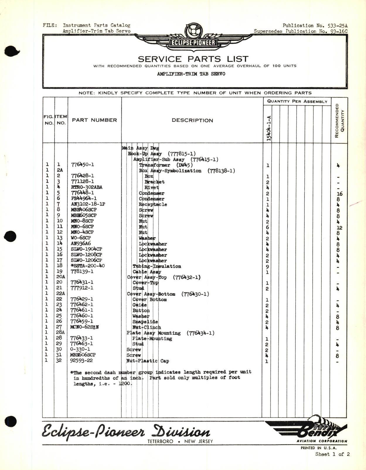 Sample page 1 from AirCorps Library document: Eclipse-Pioneer Service Parts List for Instrument Parts Catalog Amplifier-Trim Tab Servo