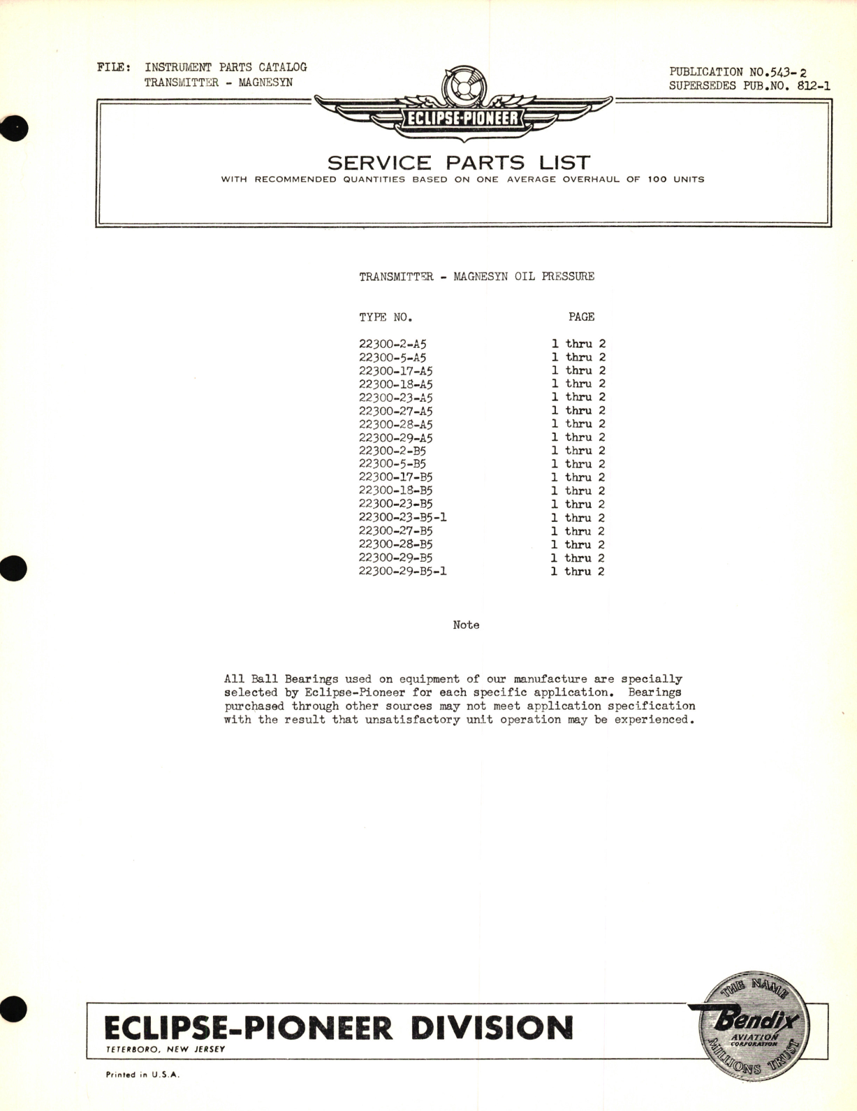 Sample page 1 from AirCorps Library document: Eclipse-Pioneer Service Parts List for Transmitter Oil Pressure Type 22300