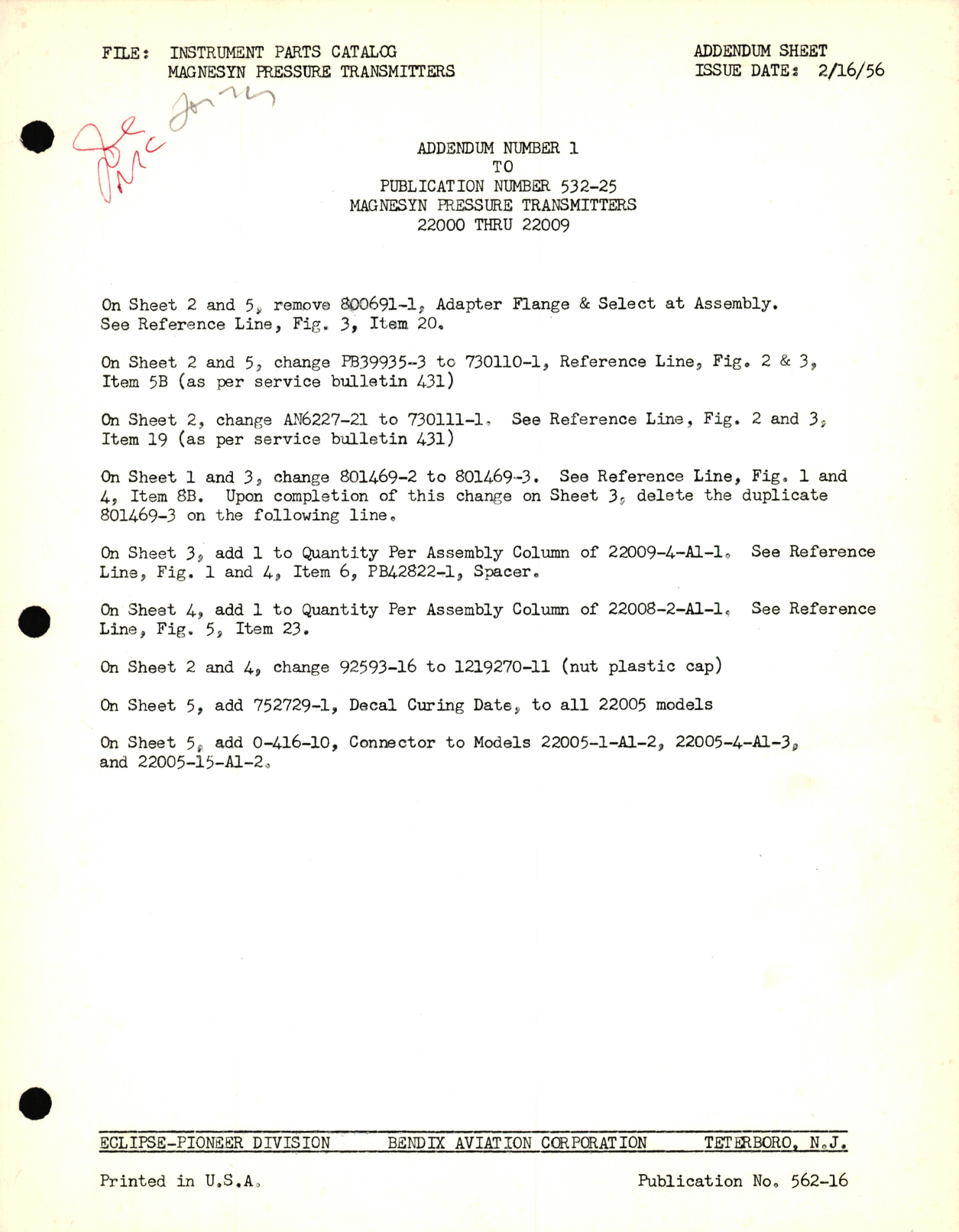 Sample page 1 from AirCorps Library document: Eclipse-Pioneer Instrument Parts Catalog Magnesyn Pressure Transmitters 22000 Thru 22009