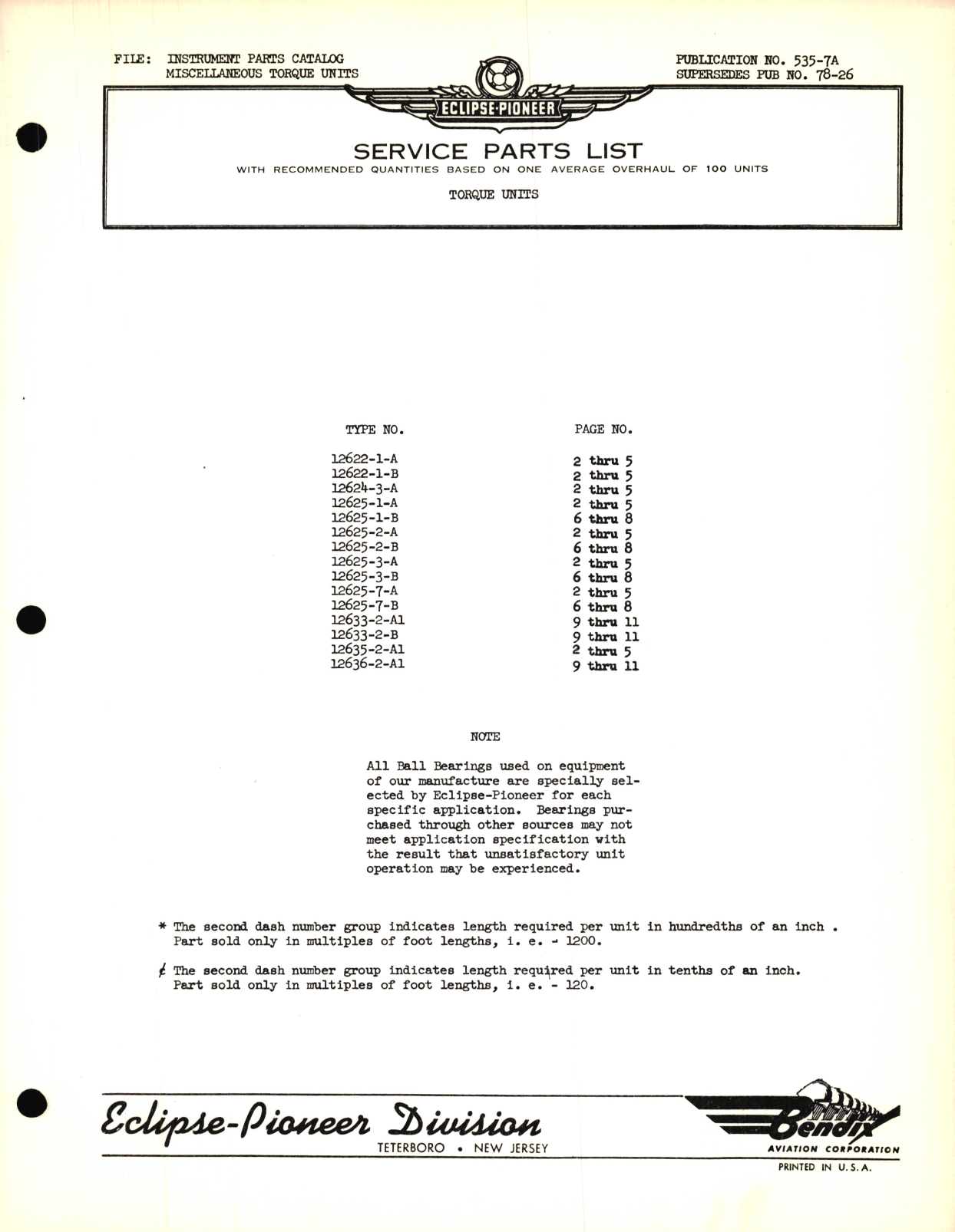 Sample page 1 from AirCorps Library document: Eclipse-Pioneer Service Parts List for Instrument Parts Catalog Miscellaneous Torque Units