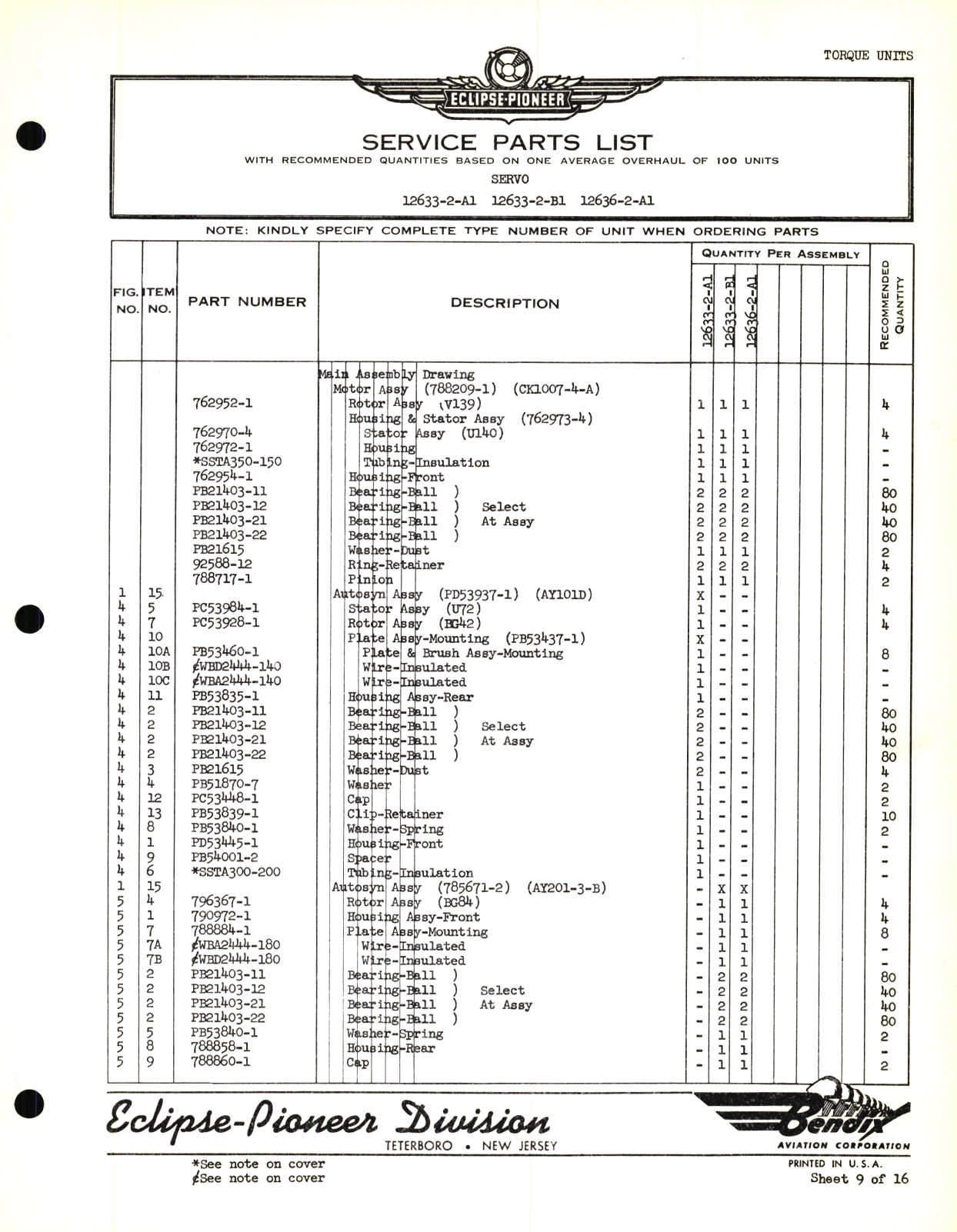 Sample page 9 from AirCorps Library document: Eclipse-Pioneer Service Parts List for Instrument Parts Catalog Miscellaneous Torque Units