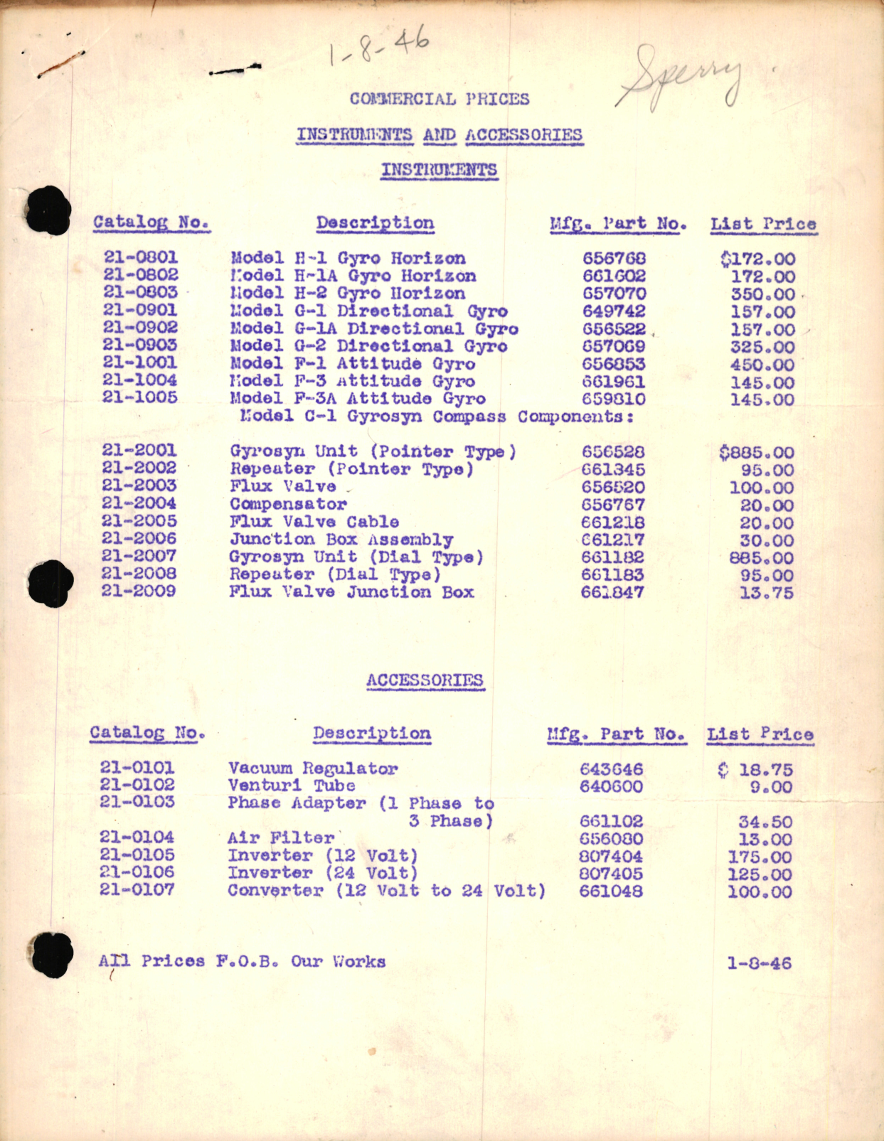 Sample page 1 from AirCorps Library document: Commercial Prices - Instruments and Accessories Instruments