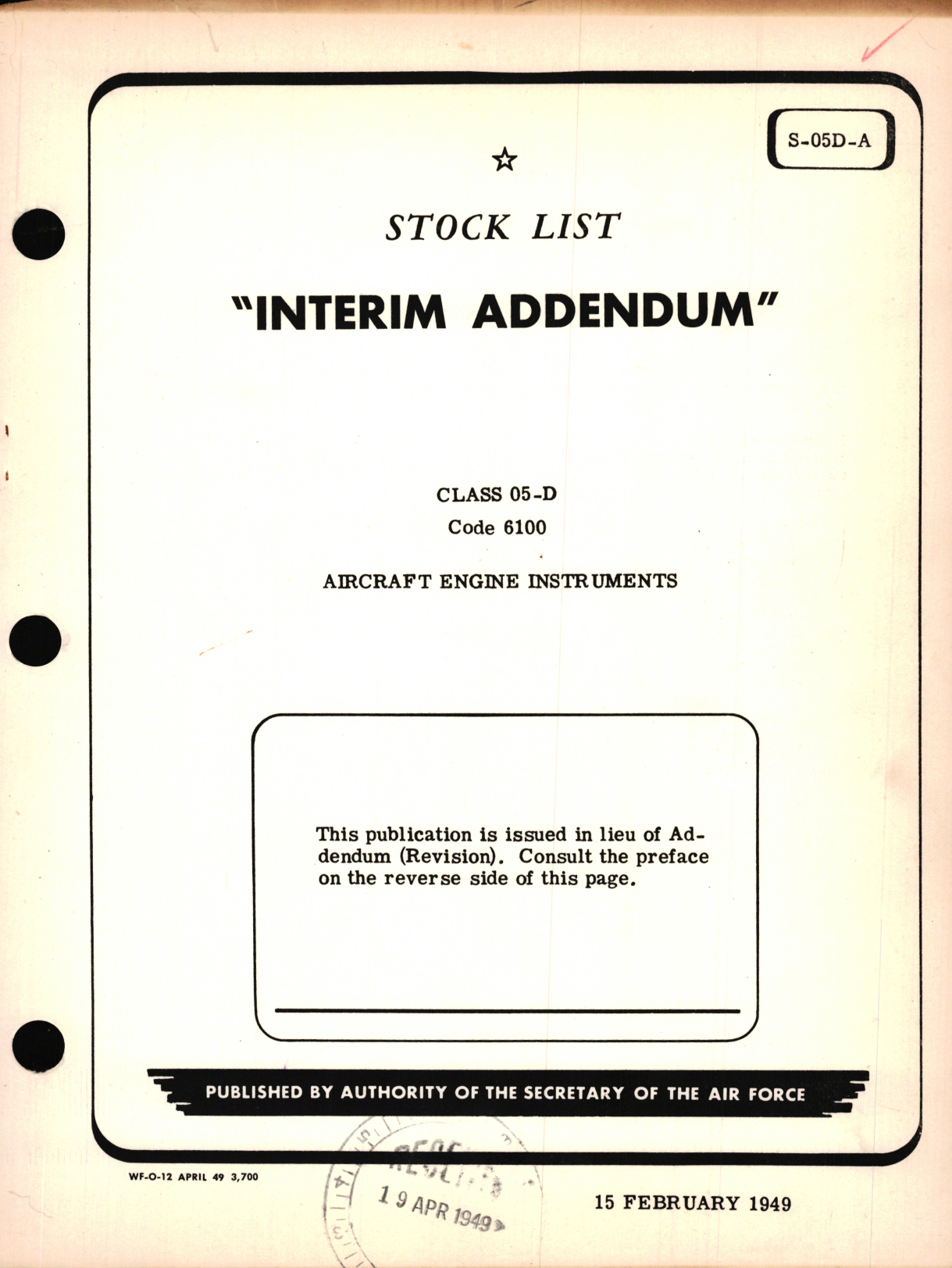 Sample page 1 from AirCorps Library document: Stock List Interim Addendum for Class 05-D Code 6100 Aircraft Engine Instruments