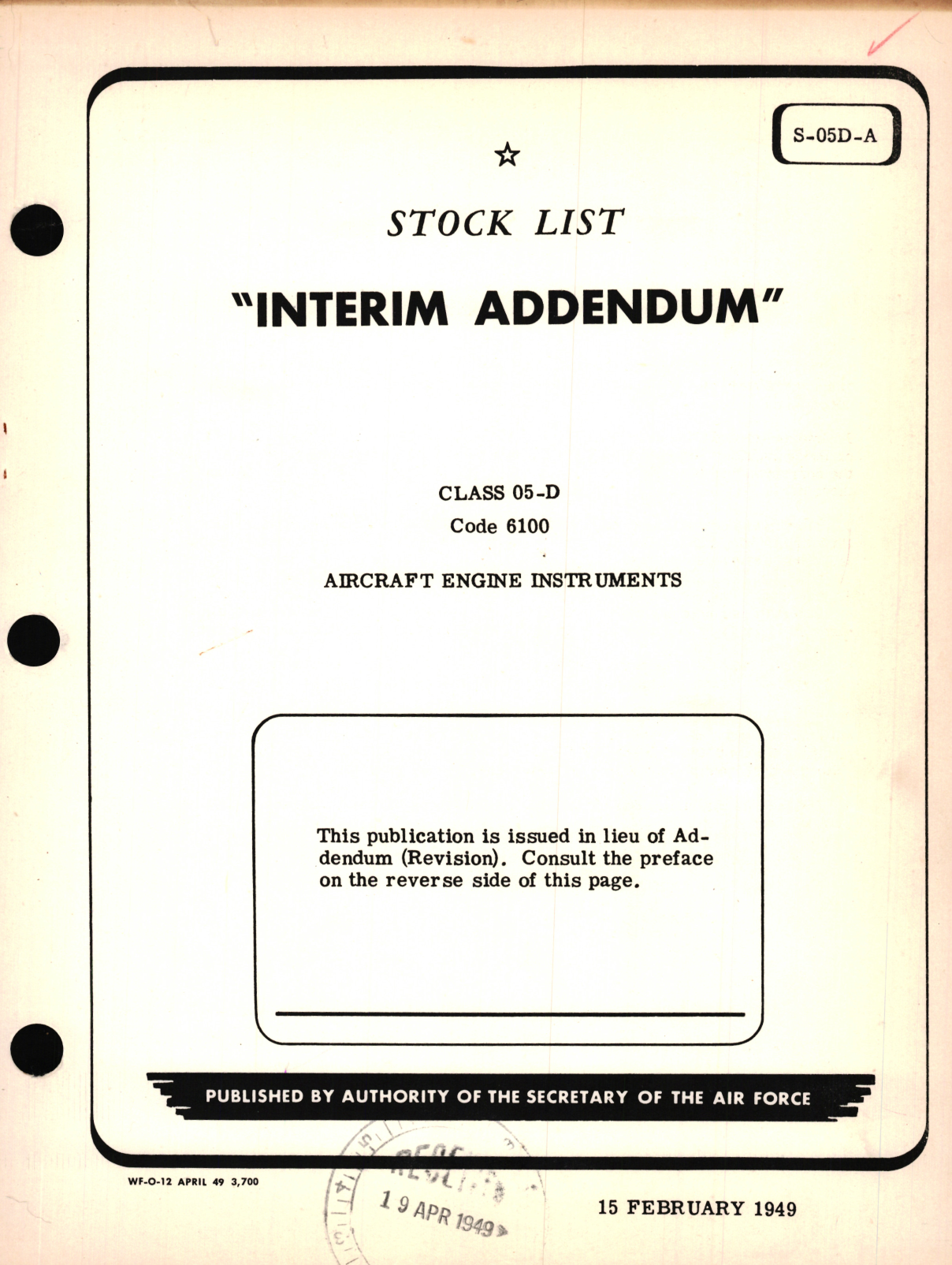 Sample page 1 from AirCorps Library document: Stock List Interim Addendum for Class 05-D Code 6100 for Aircraft Engine Instruments