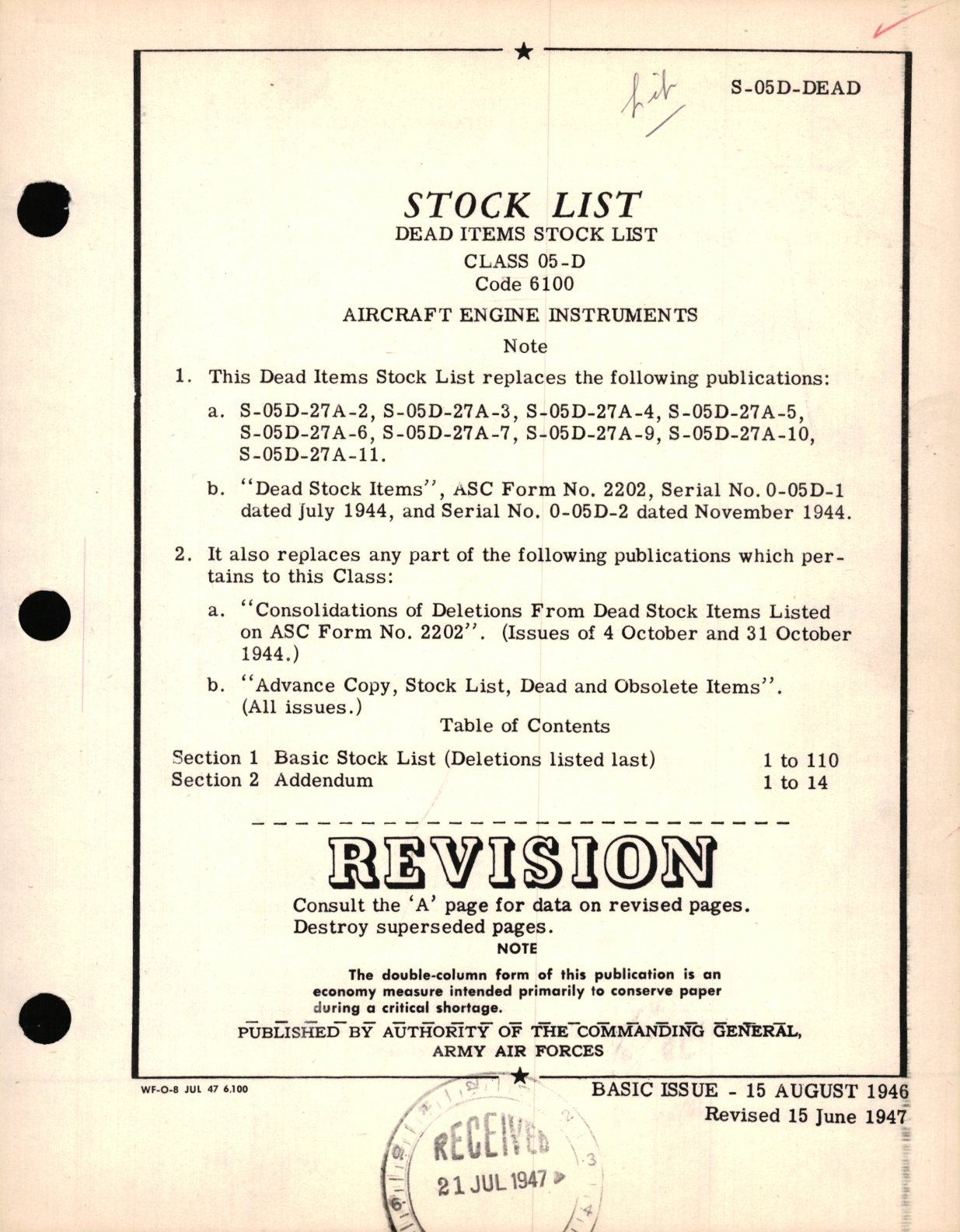 Sample page 1 from AirCorps Library document: Stock List - Dead Items Stock List Class 05-D Code 6100 for Aircraft Engine Instruments