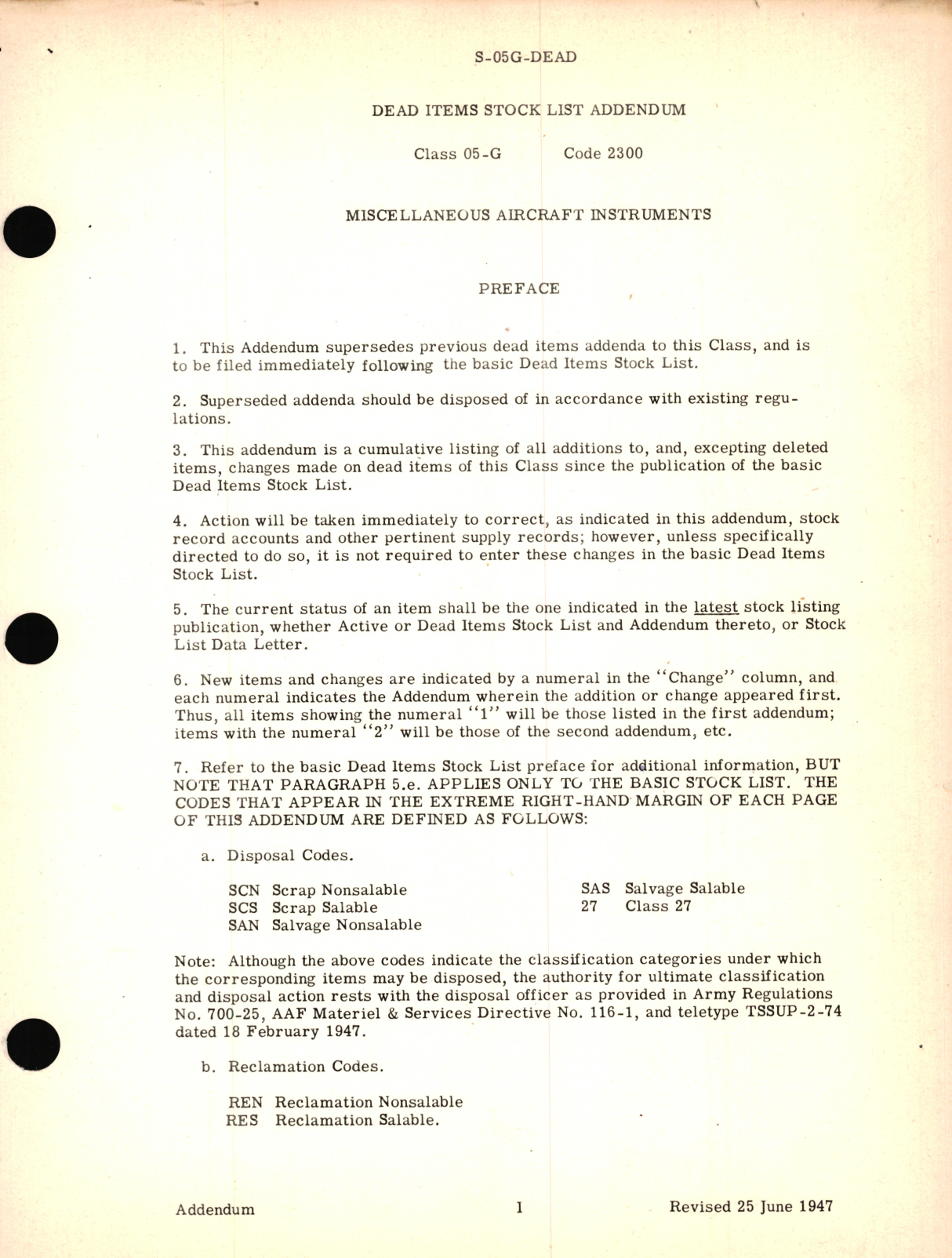 Sample page 1 from AirCorps Library document: Dead Items for Stock List Addendum Class 05-G Code 2300 for Miscellaneous Aircraft Instruments