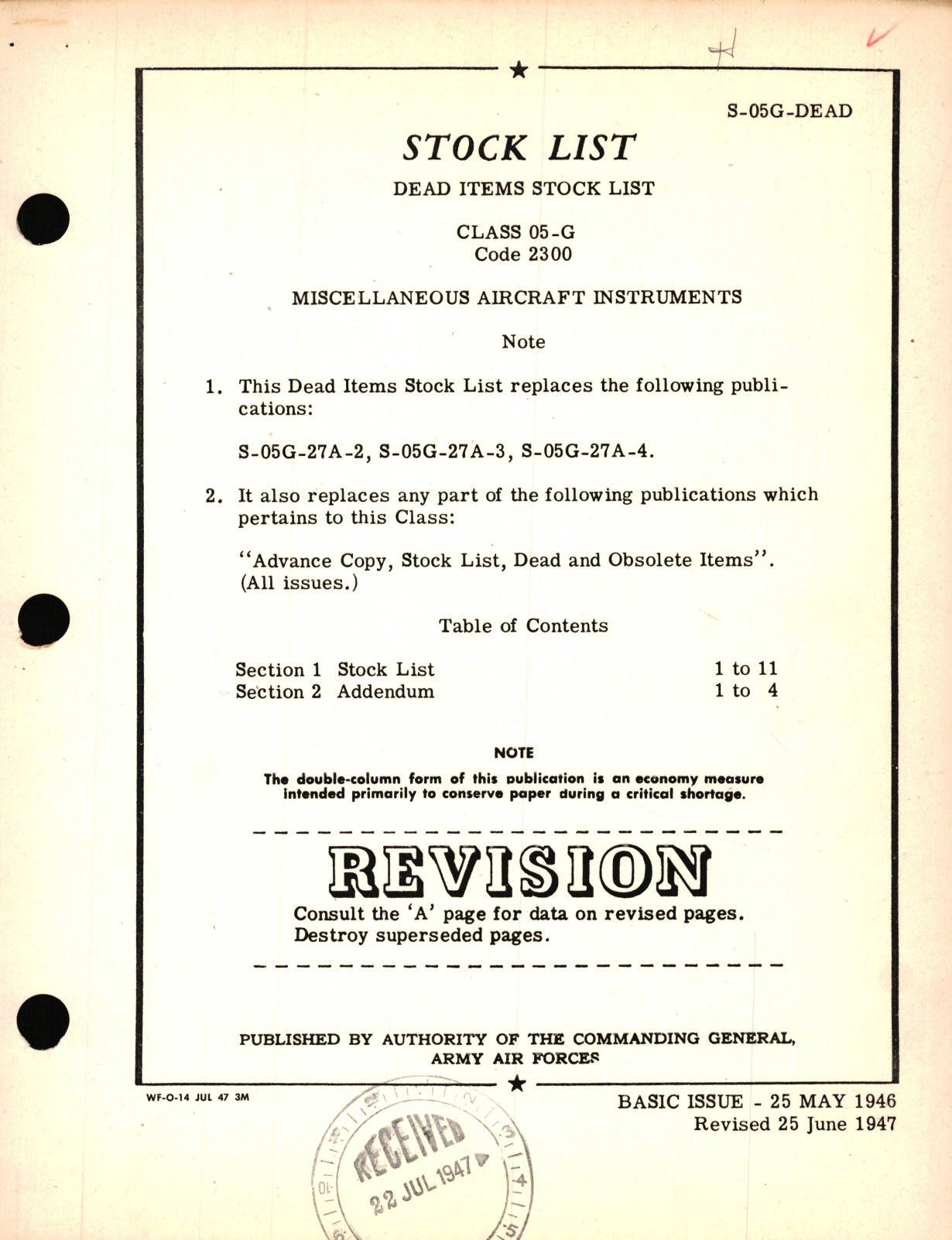 Sample page 1 from AirCorps Library document: Stock List for Dead Items Stock List Class 05-G Code 2300 for Miscellaneous Aircraft Instruments