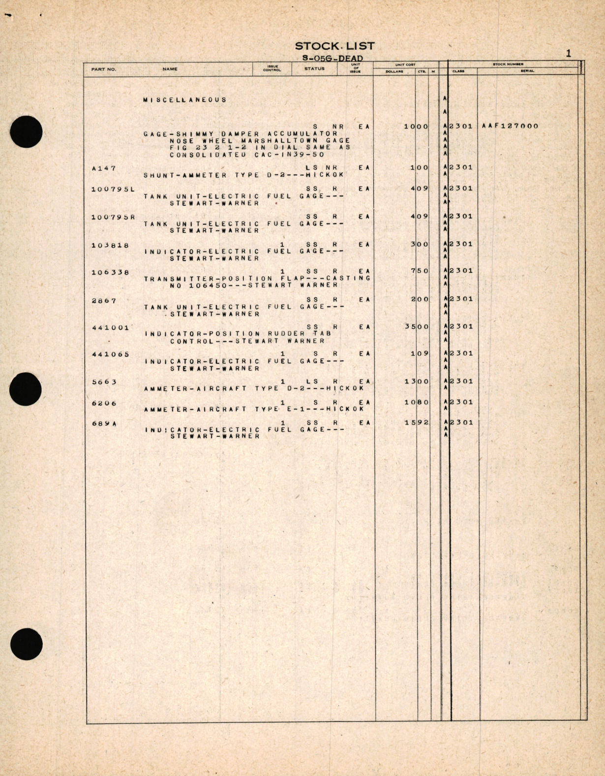 Sample page 5 from AirCorps Library document: Stock List for Dead Items Stock List Class 05-G Code 2300 for Miscellaneous Aircraft Instruments