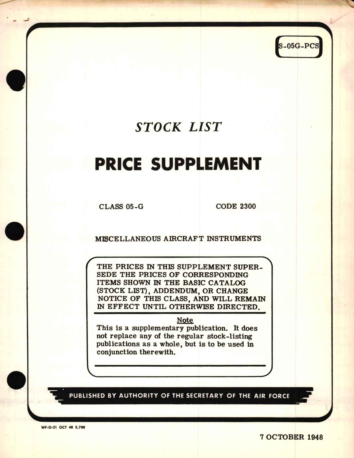 Sample page 1 from AirCorps Library document: Stock List for Price Supplement Class 05-G Code 2300 for Miscellaneous Aircraft Instruments