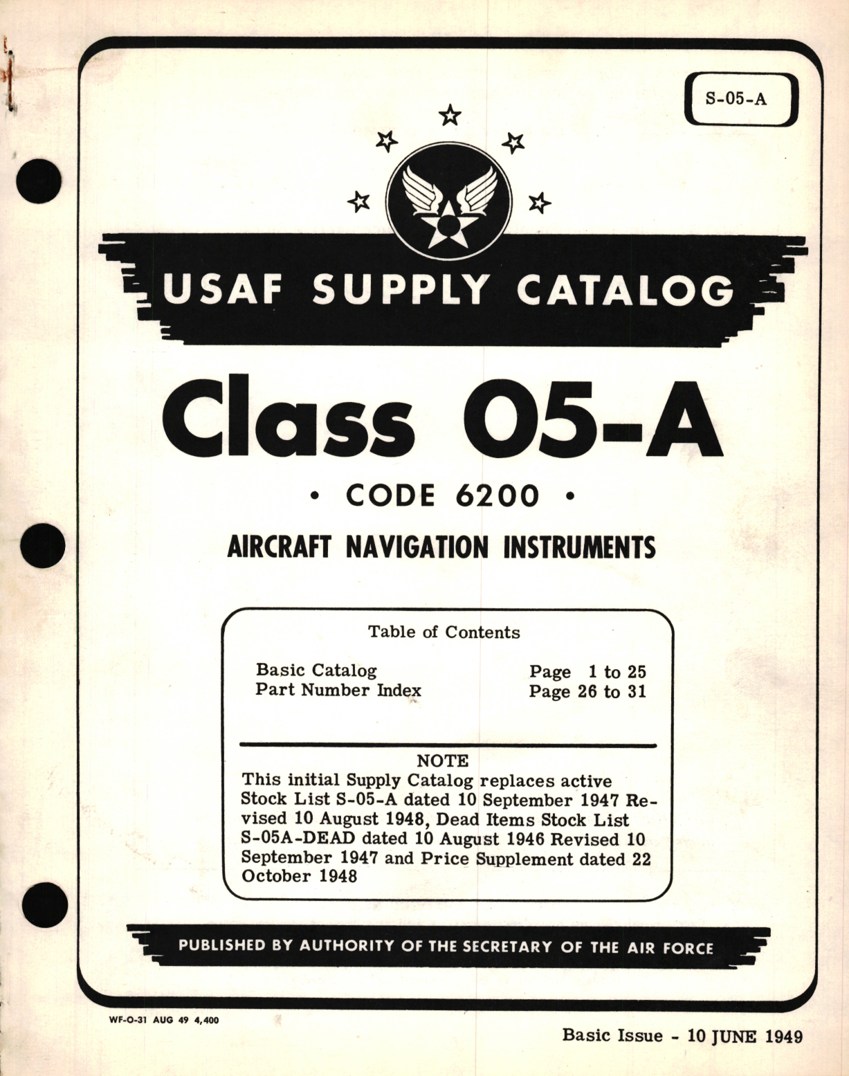 Sample page 1 from AirCorps Library document: USAF Supply Catalog Class 05-A Code 6200 for Aircraft Navigation Instruments