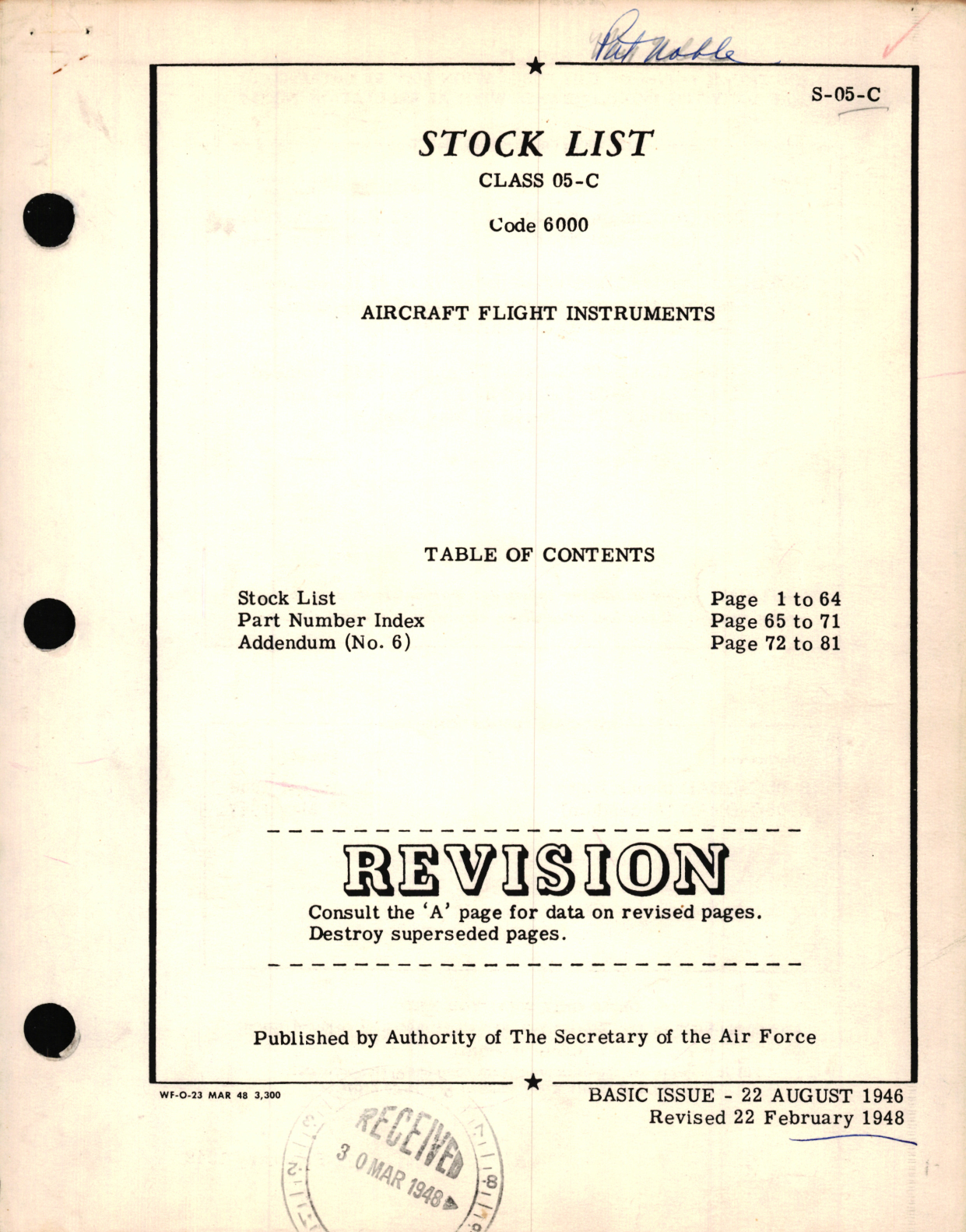 Sample page 1 from AirCorps Library document: Stock List Class 05-C Code 6000 for Aircraft Flight Instruments