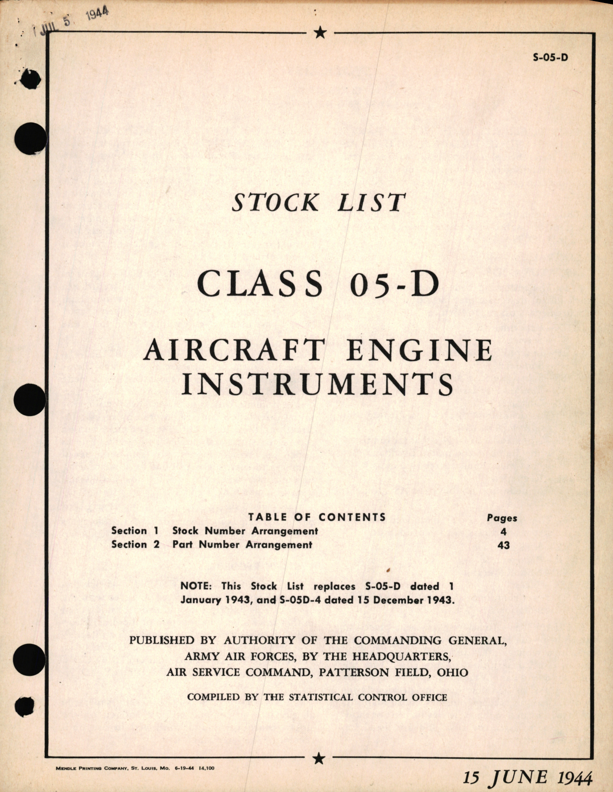 Sample page 1 from AirCorps Library document: Stock List for Class 05-D Aircraft Engine Instruments