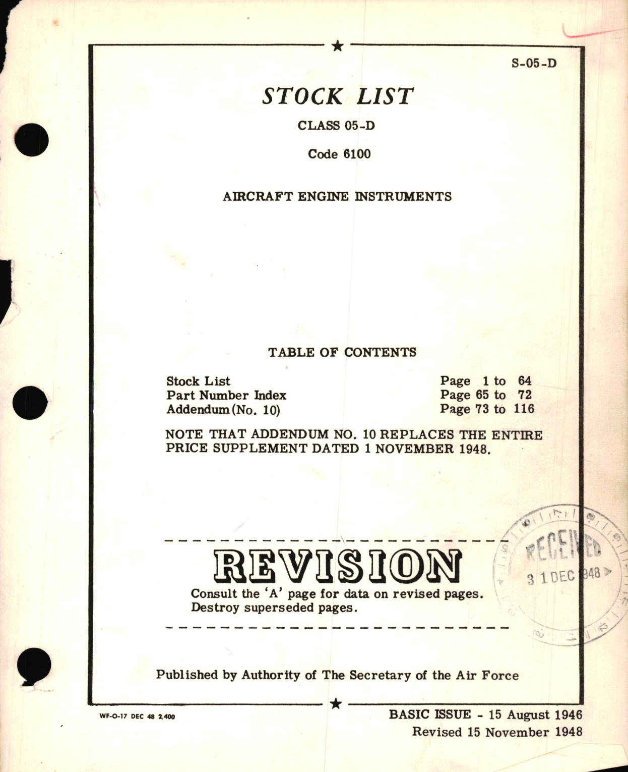 Sample page 1 from AirCorps Library document: Class 05-D Code 6100 for Aircraft Engine Instruments