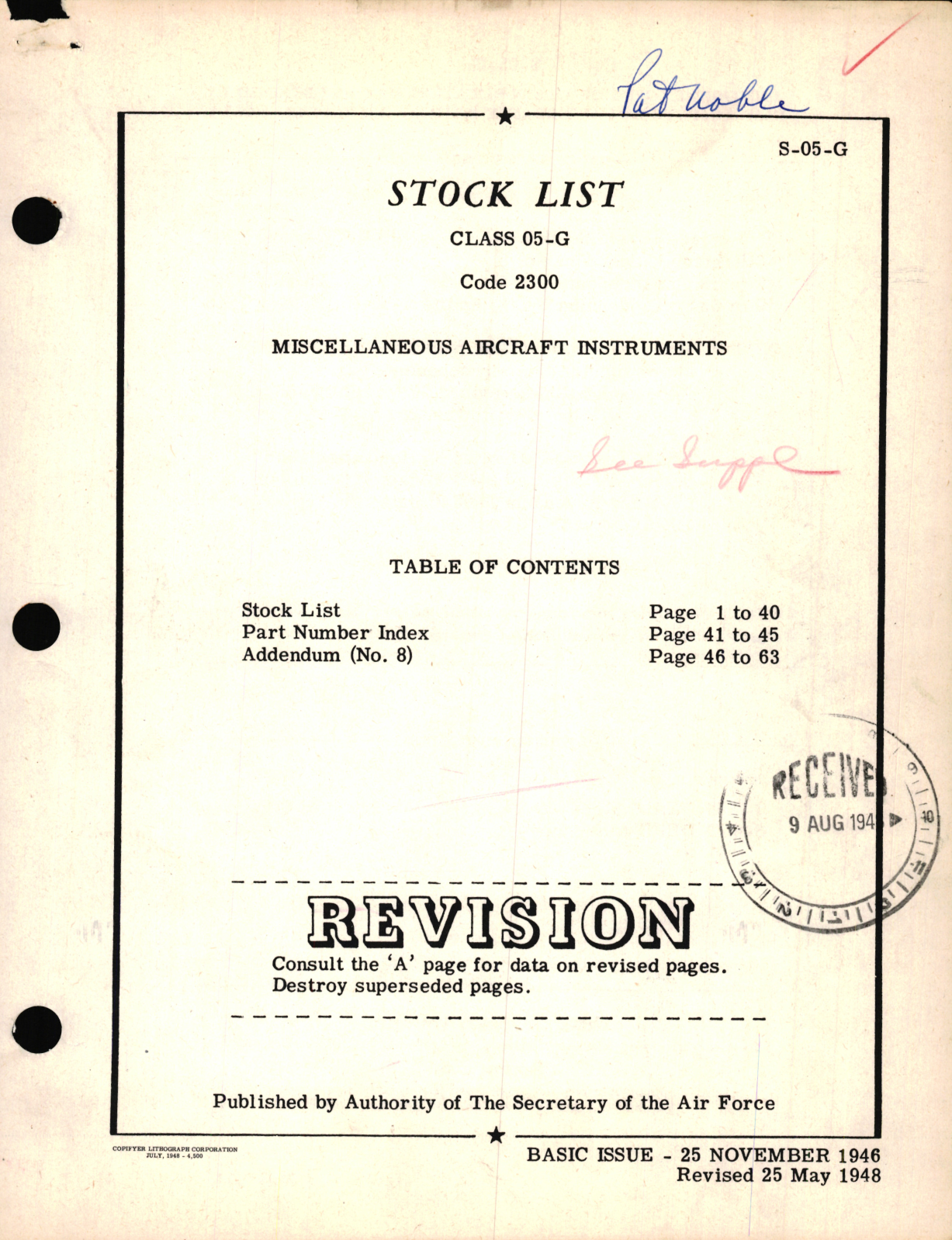 Sample page 1 from AirCorps Library document: S-05-G, Stock List for Class 05-G, Code 2300 Miscellaneous Aircraft Instruments