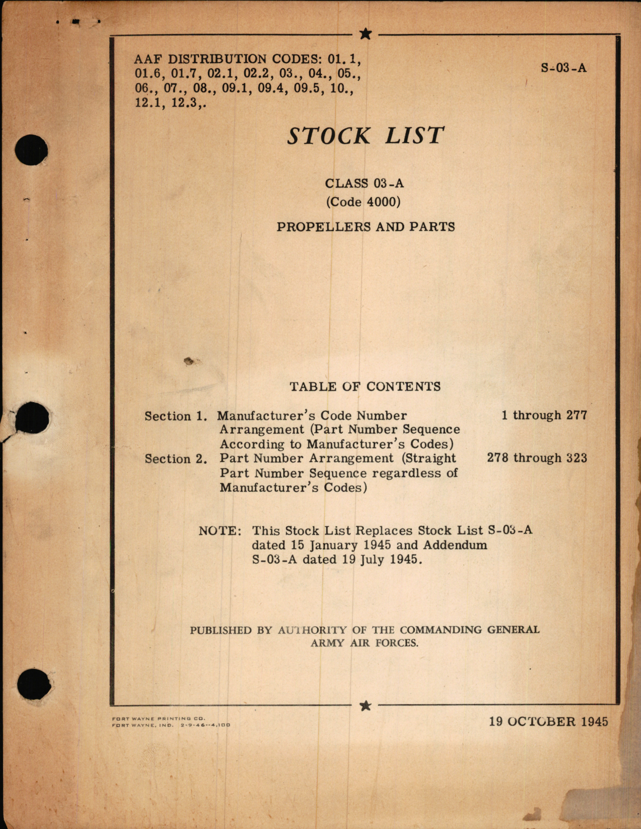 Sample page 1 from AirCorps Library document: Stock List for Class 03-A (Code 4000) Propellers and Parts