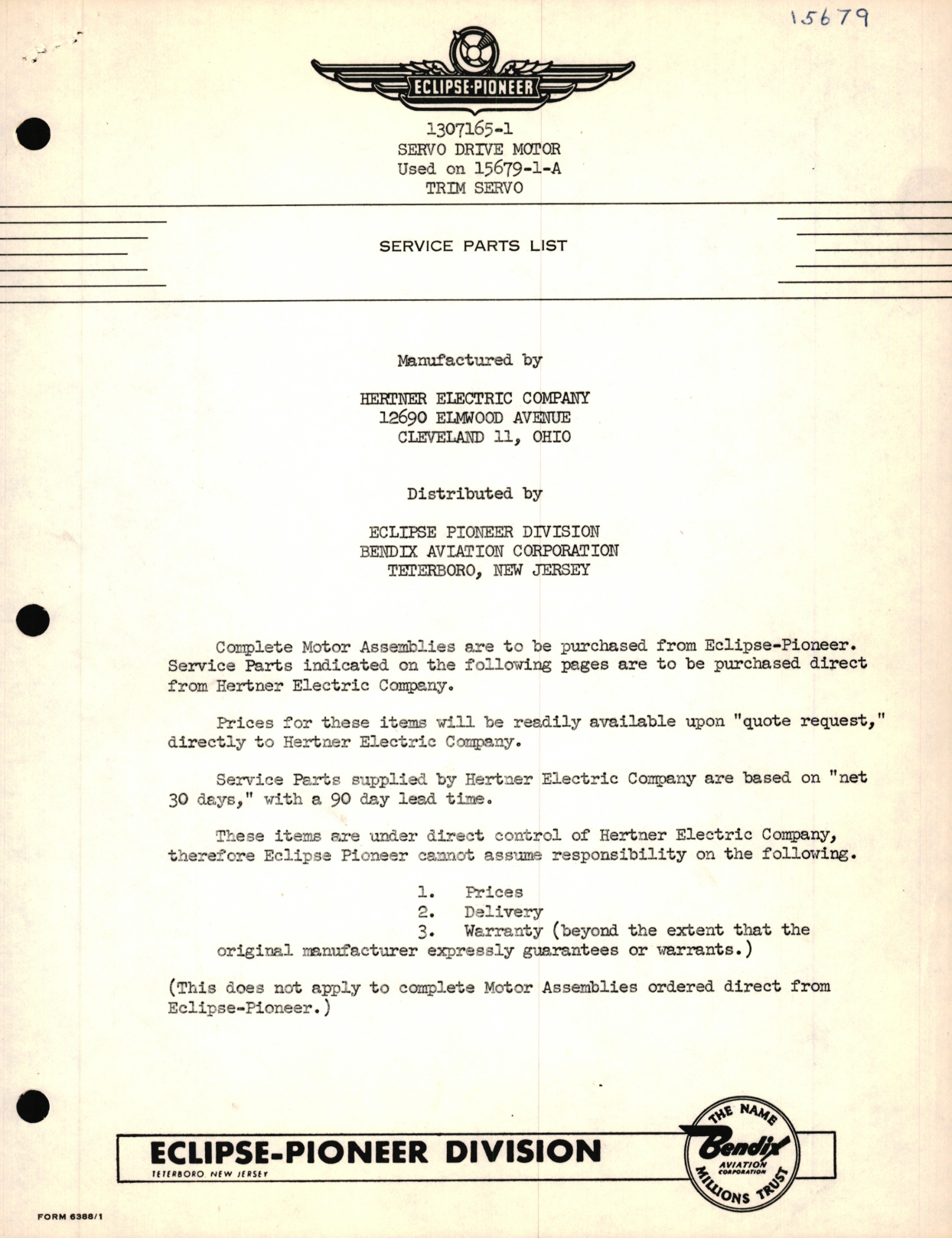 Sample page 1 from AirCorps Library document: Eclipse-Pioneer Service Parts List for Motor (Drive) for 15679-1-A Trim Servo