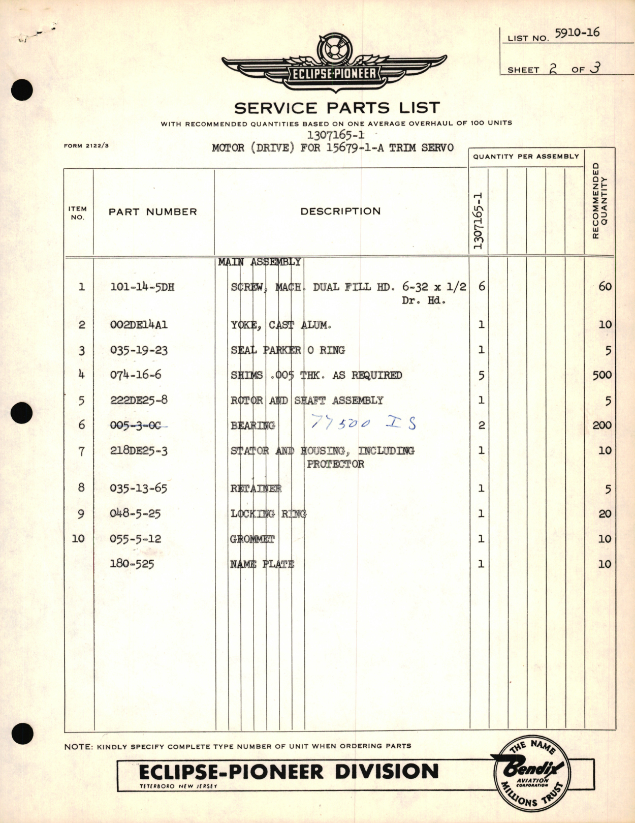 Sample page 3 from AirCorps Library document: Eclipse-Pioneer Service Parts List for Motor (Drive) for 15679-1-A Trim Servo