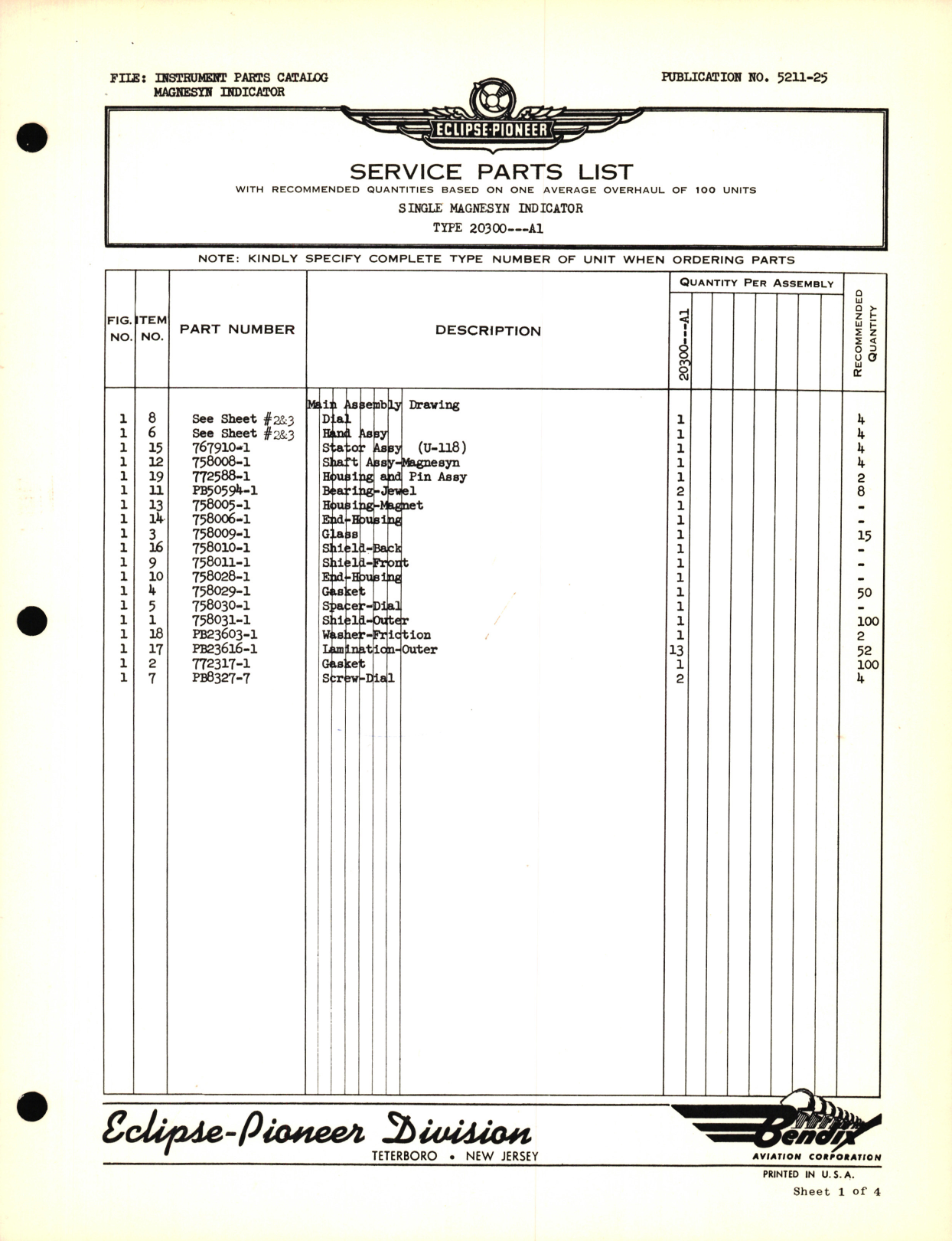 Sample page 1 from AirCorps Library document: Eclipse-Pioneer Service Parts List for Instrument Parts Catalog Magnesyn Indicator Type 20300-A1