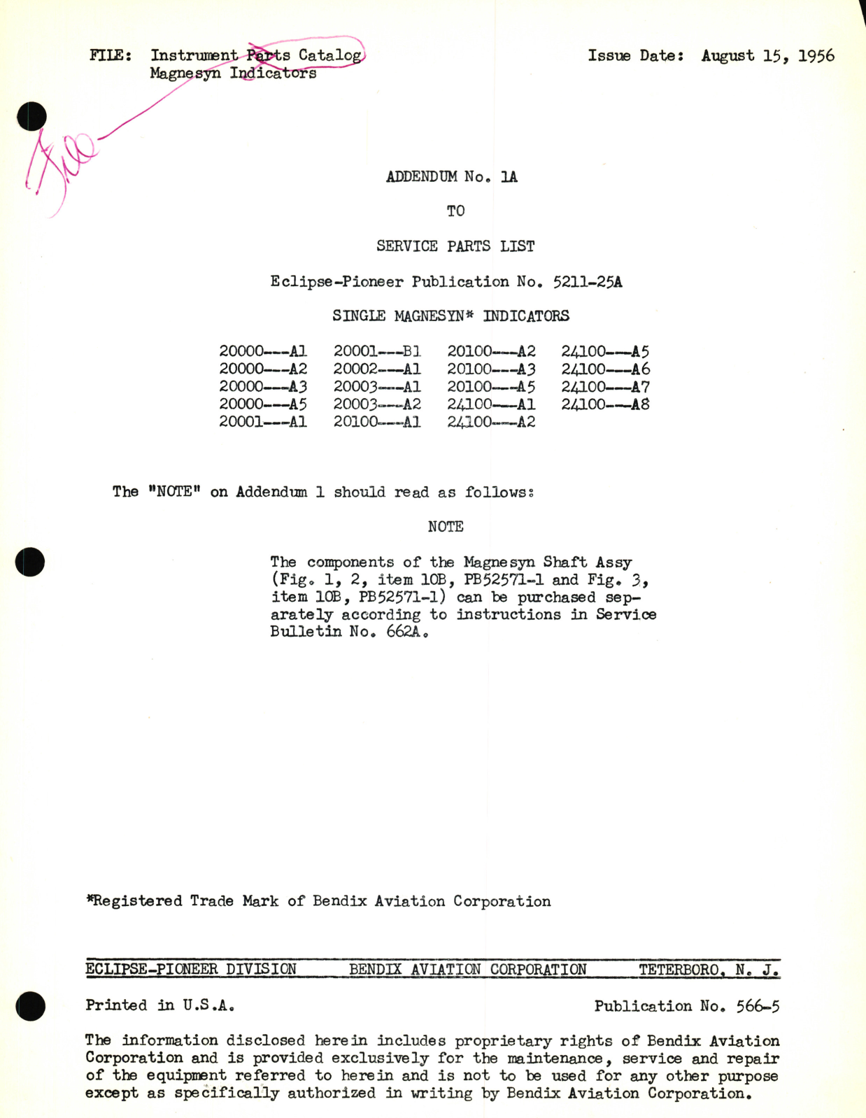 Sample page 1 from AirCorps Library document: Eclipse Pioneer Service Parts List for Instrument Parts Catalog Magnesyn Indicators - Single Magnesy Indicators