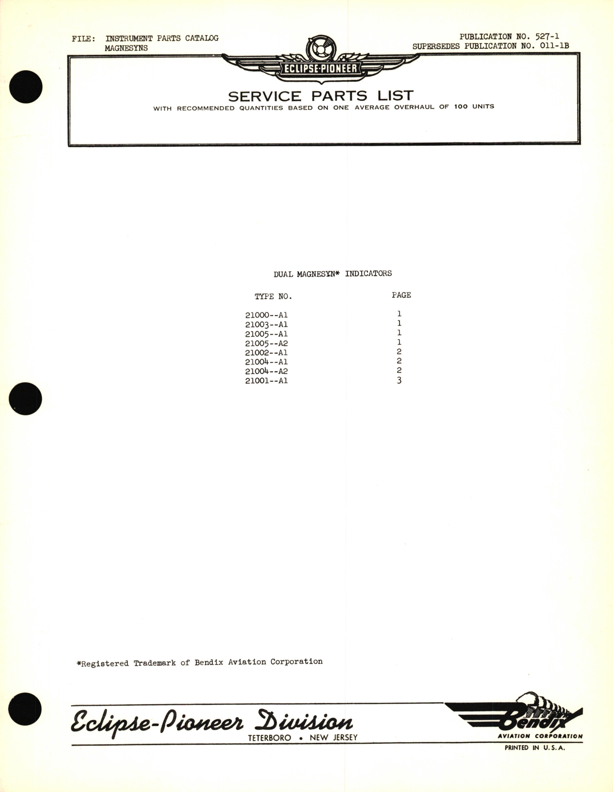 Sample page 1 from AirCorps Library document: Instrument Parts Catalog Magnesyns - Dual Magnesyn Indicators