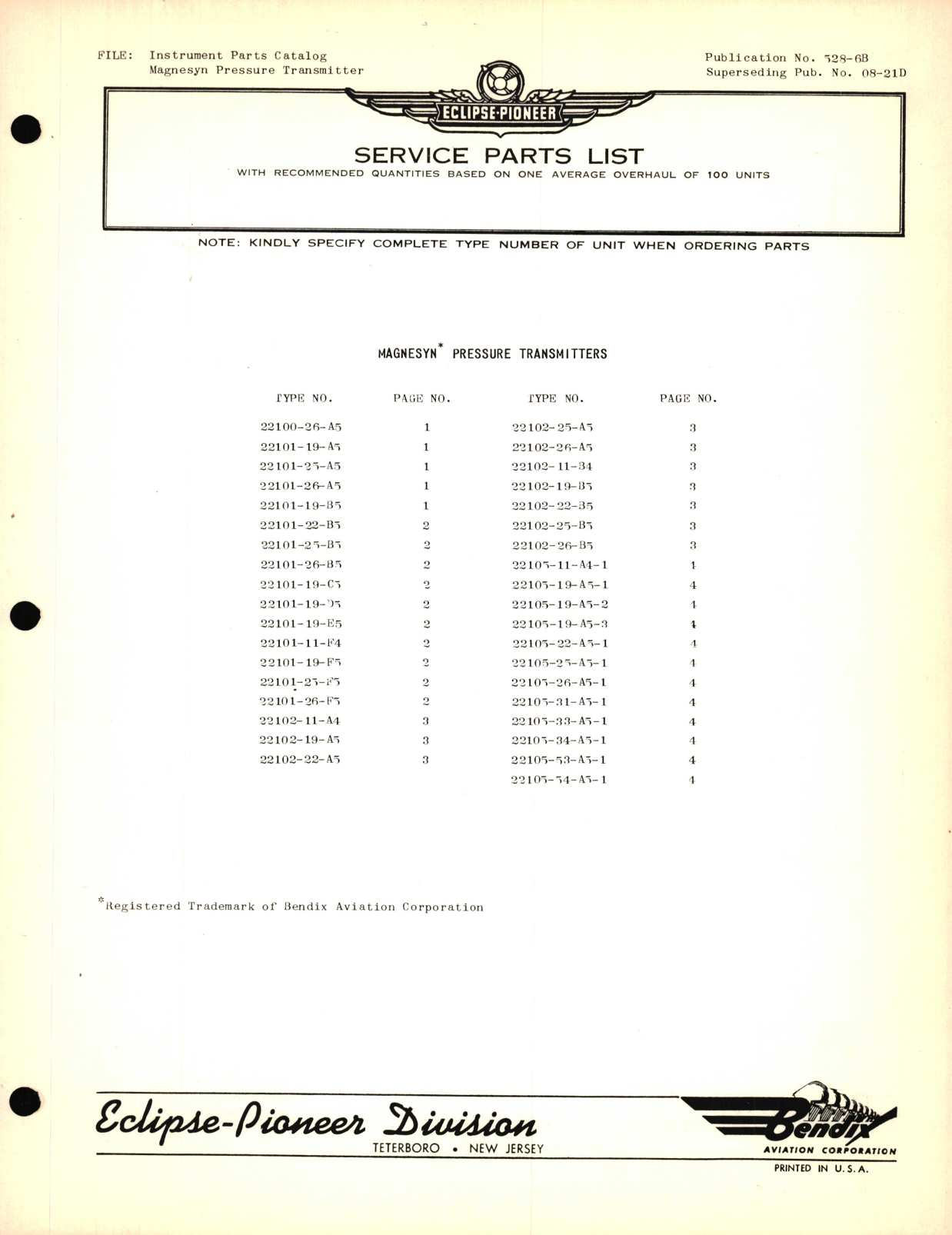 Sample page 1 from AirCorps Library document: Eclipse-Pioneer Service Parts List for Instrument Parts Catalog Magnesyn Pressure Transmitters