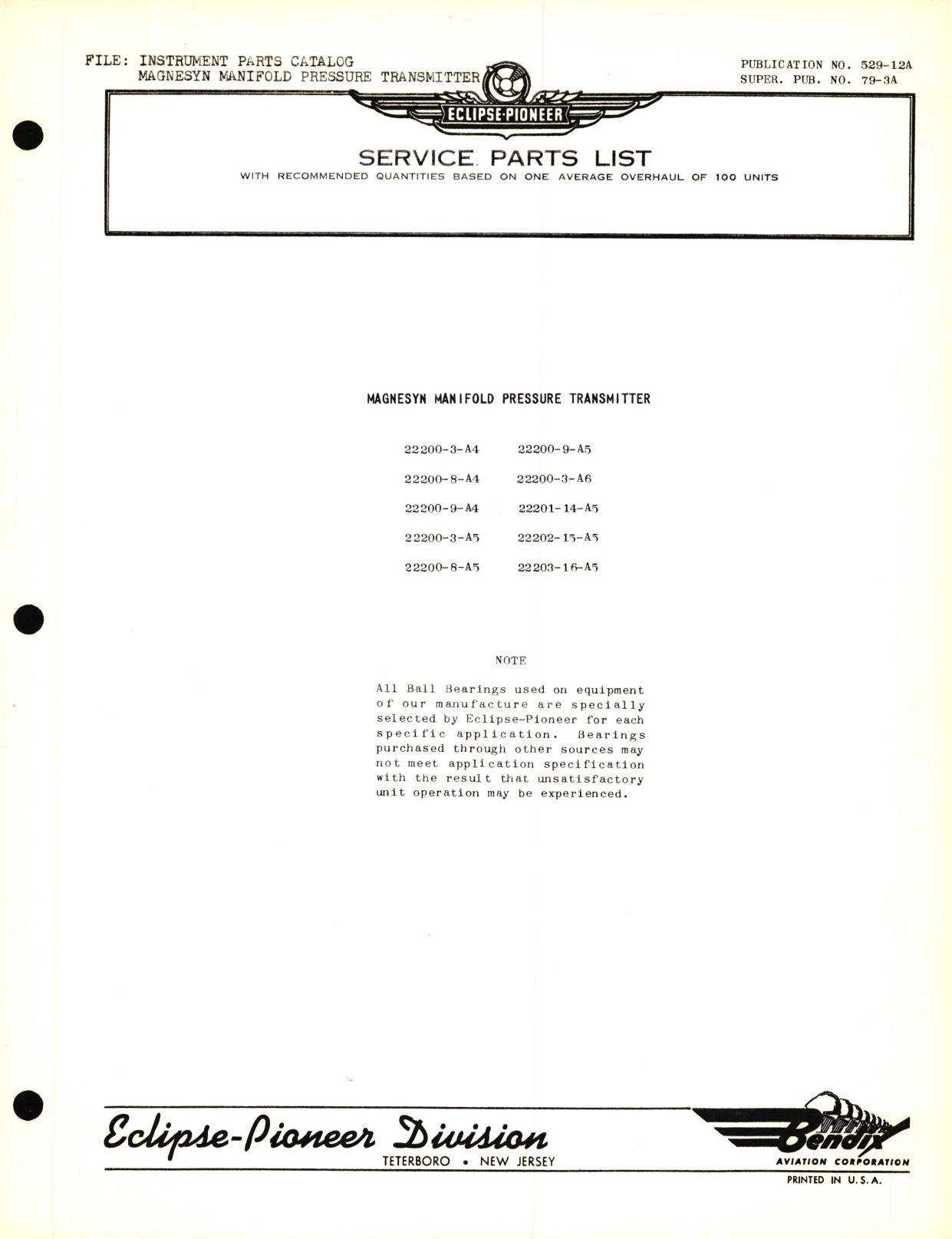 Sample page 1 from AirCorps Library document: Eclipse-Pioneer Service Parts List for Instrument Parts Catalog Magnesyn Manifold Pressure Transmitter 22200