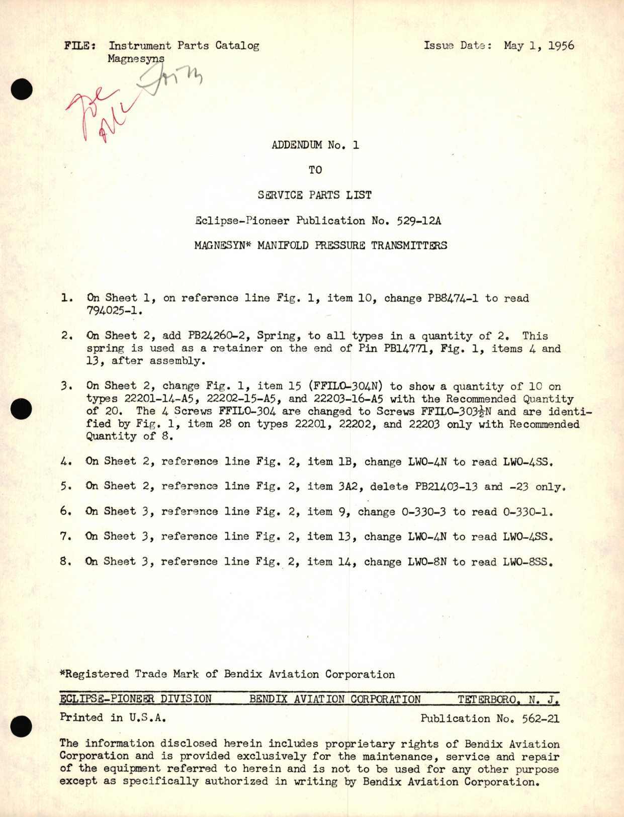 Sample page 1 from AirCorps Library document: Eclipse-Pioneer Service Parts List Magnesyn Manifold Pressure Transmitters