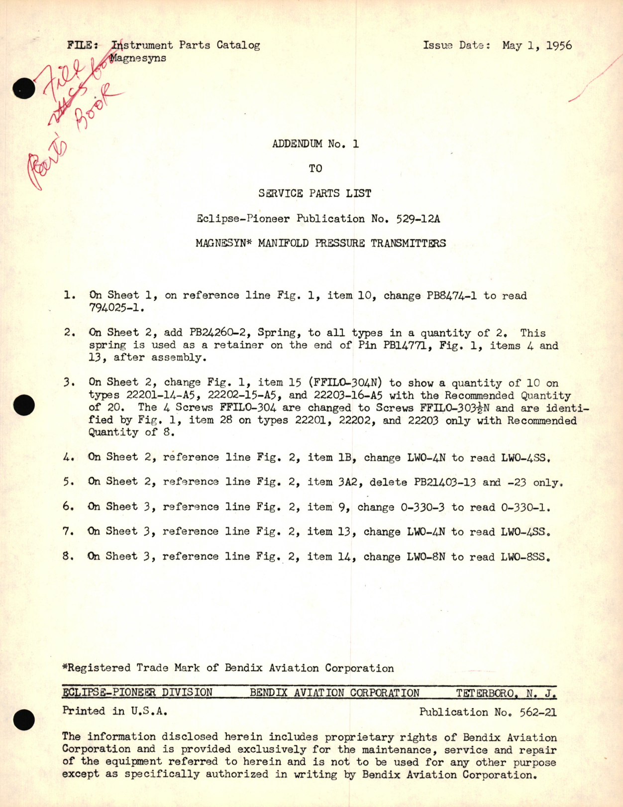 Sample page 1 from AirCorps Library document: Eclipse-Pioneer Service Parts List Magnesyn Manifold Pressure Transmitters