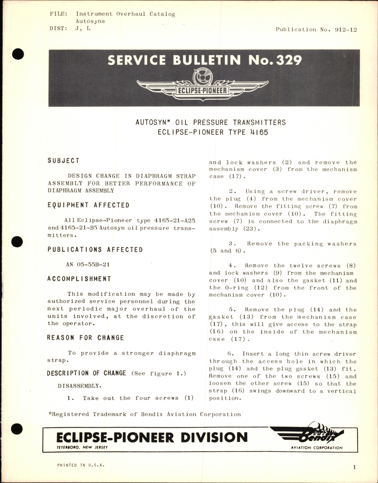 Sample page 1 from AirCorps Library document: Instrument Overhaul Catalog Autosyns Oil Pressure Transmitters Type 4165