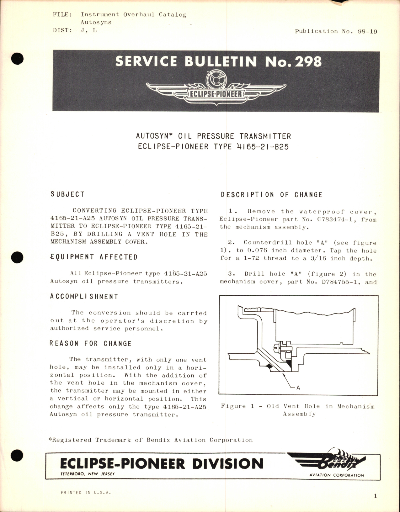 Sample page 1 from AirCorps Library document: Instrument Overhaul Catalog Autosyns - Oil Pressure Transmitter Eclipse-Pioneer Type 4165-21-B25