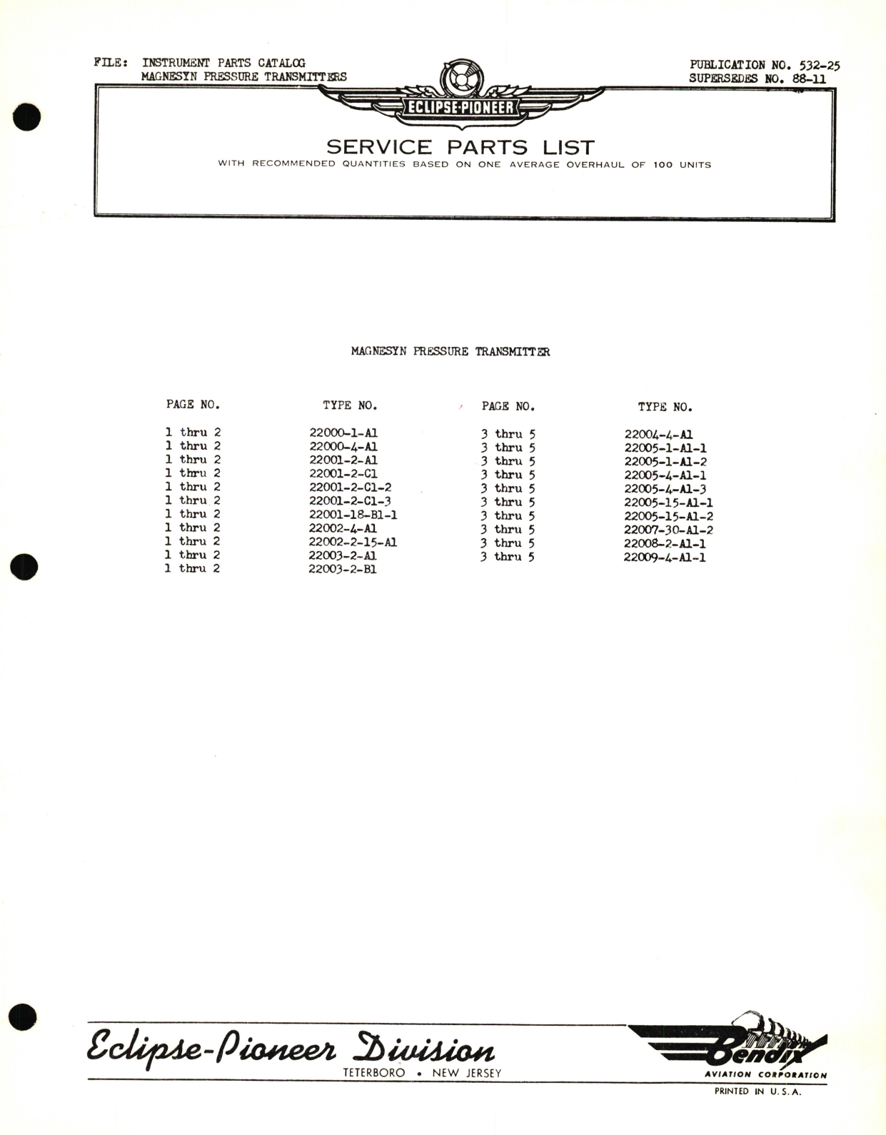 Sample page 1 from AirCorps Library document: Eclipse-Pioneer Service Parts List for Instrument Parts Catalog Magnesyn Pressure Transmitters