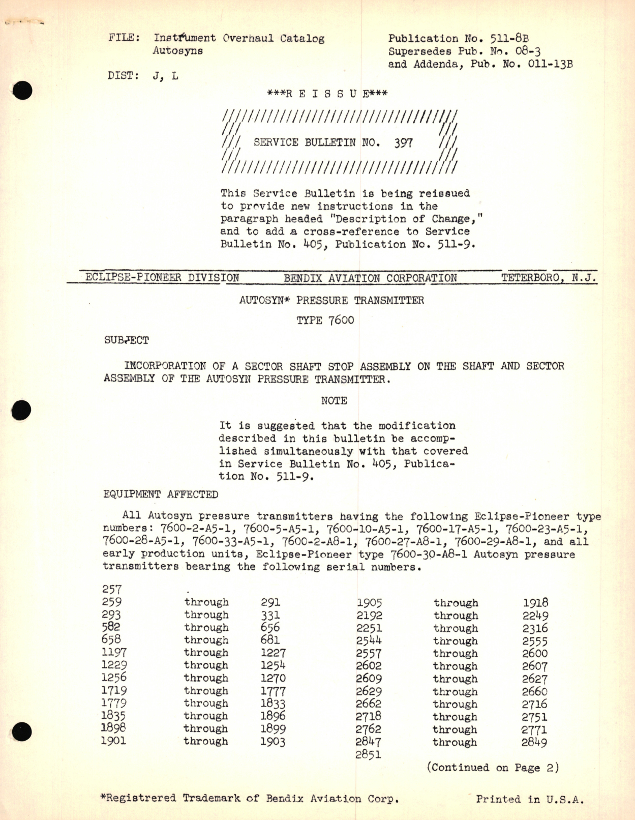 Sample page 1 from AirCorps Library document: Reissue - Instrument Overhaul Catalog Autosyn Pressure Transmitter Type 7600 