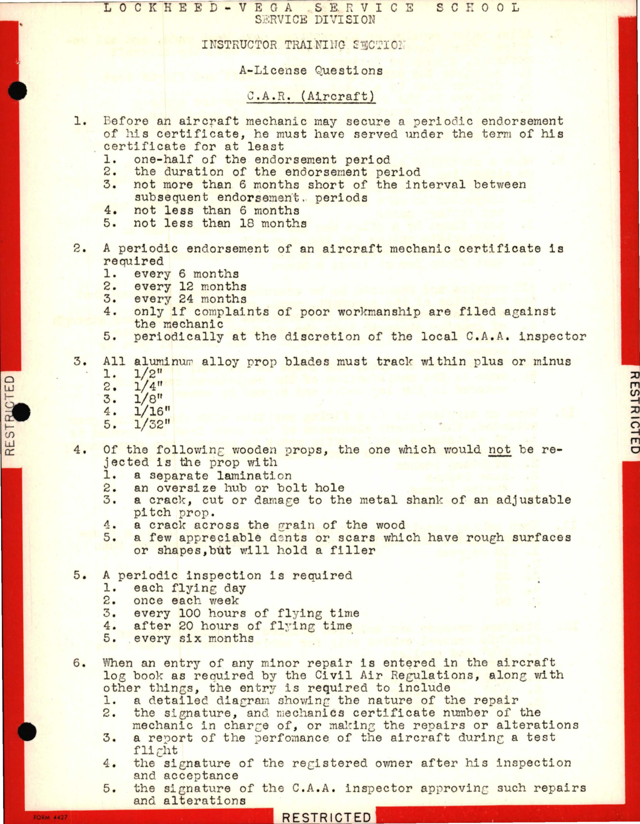 Sample page 1 from AirCorps Library document: Instructor Training Questions for C.A.R Aircraft - Lockheed-Vega Service School
