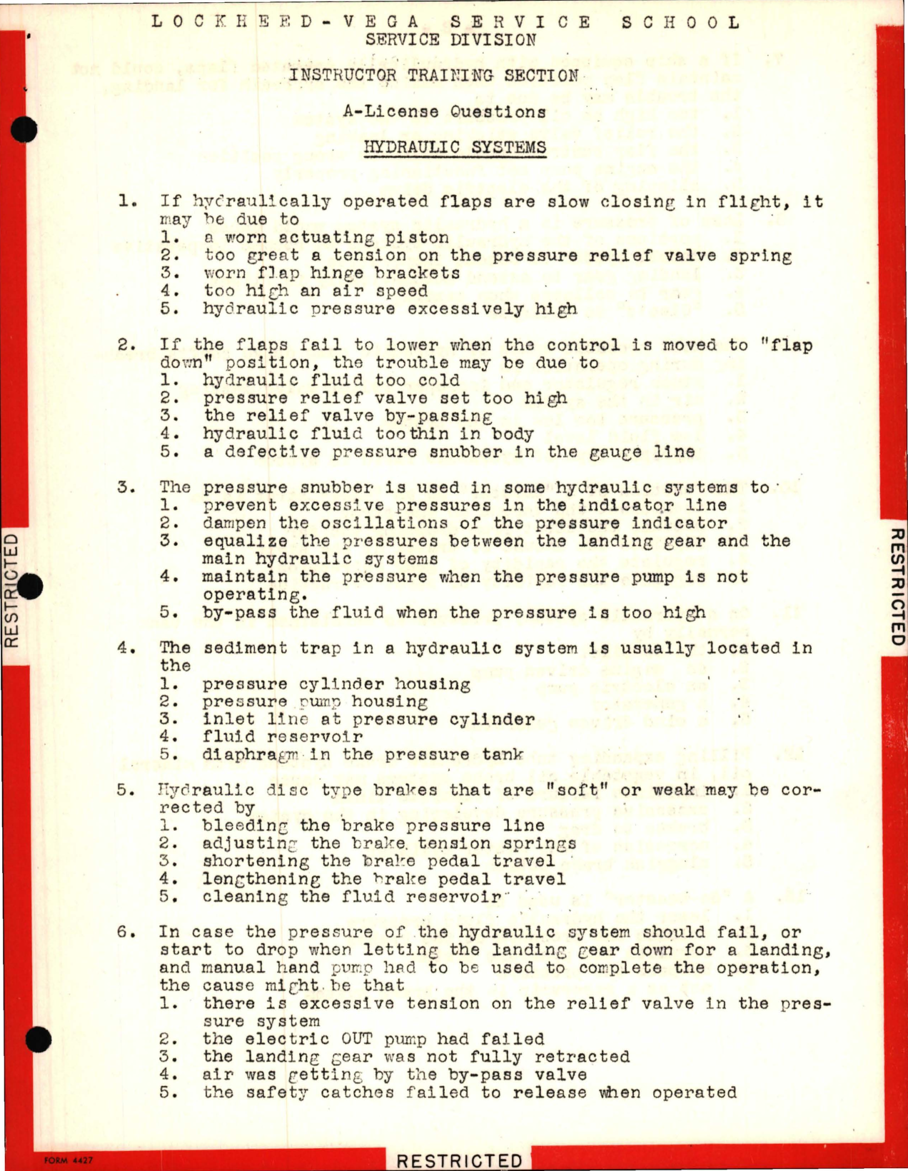 Sample page 1 from AirCorps Library document: Instructor Training Questions for Hydraulic Systems - Lockheed-Vega Service School
